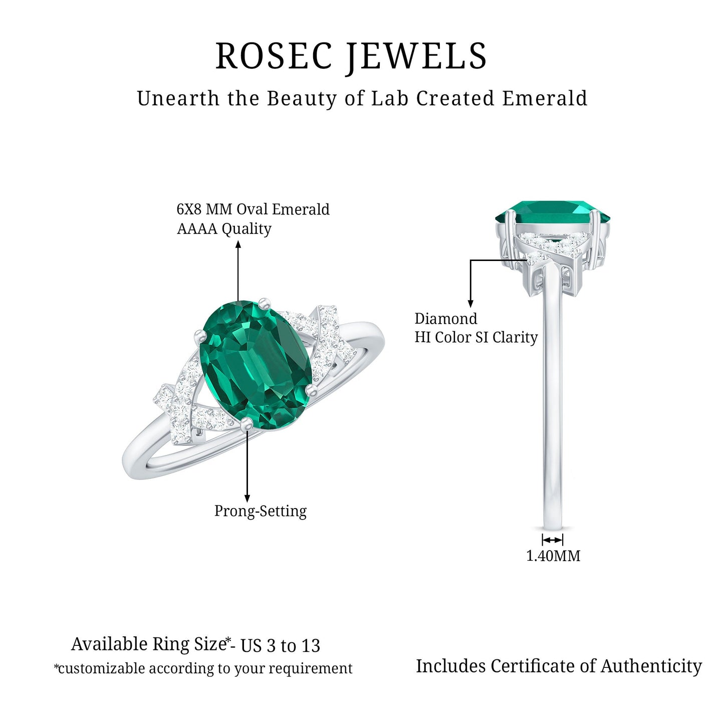 Certified 6X8 mm Lab Grown Emerald Oval Engagement Ring with Diamond