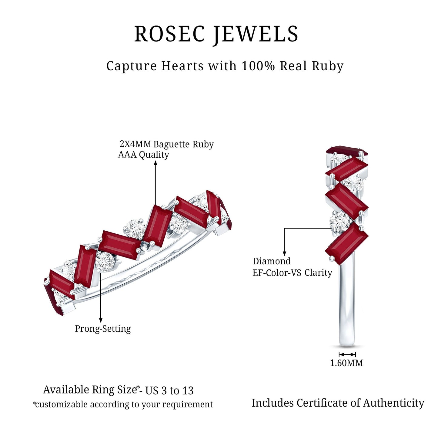 Certified Real Ruby Half Eternity Ring with Moissanite