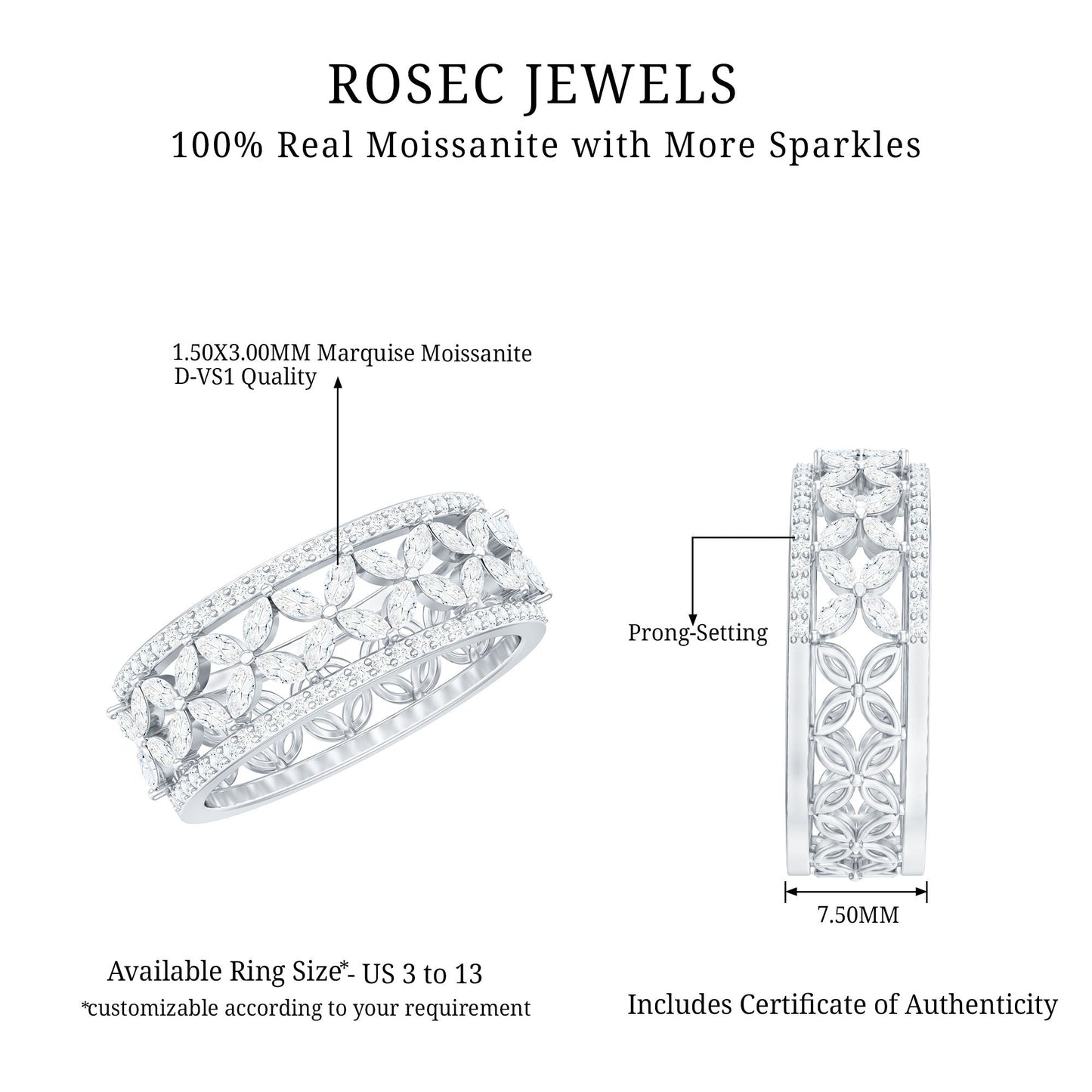 Certified Moissanite Flower Wedding Band for Women