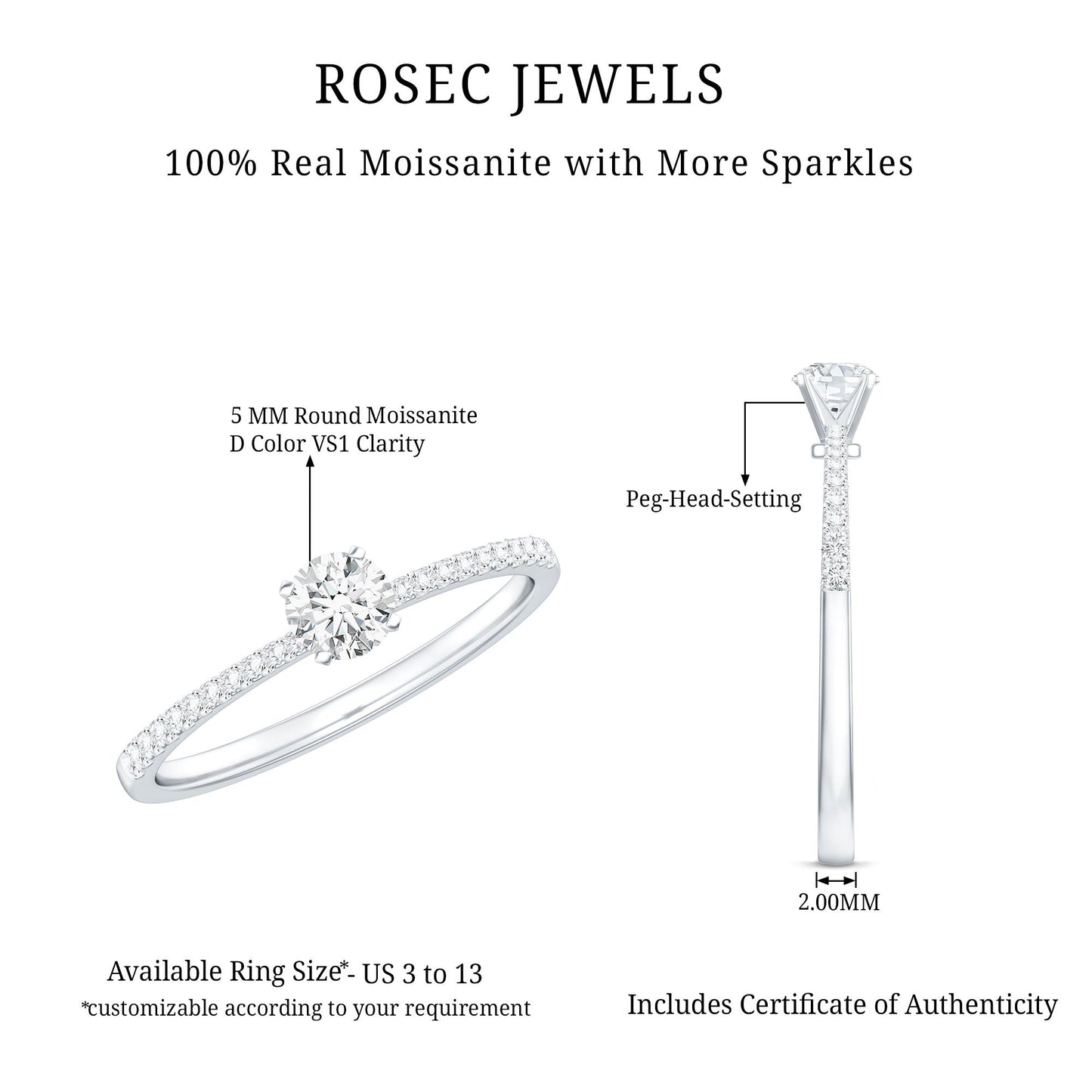 Certified 5 MM Round Moissanite Solitaire Promise Ring