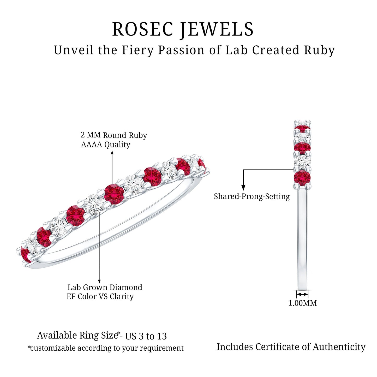 3/4 CT Created Ruby and Moissanite Stackable Band Ring