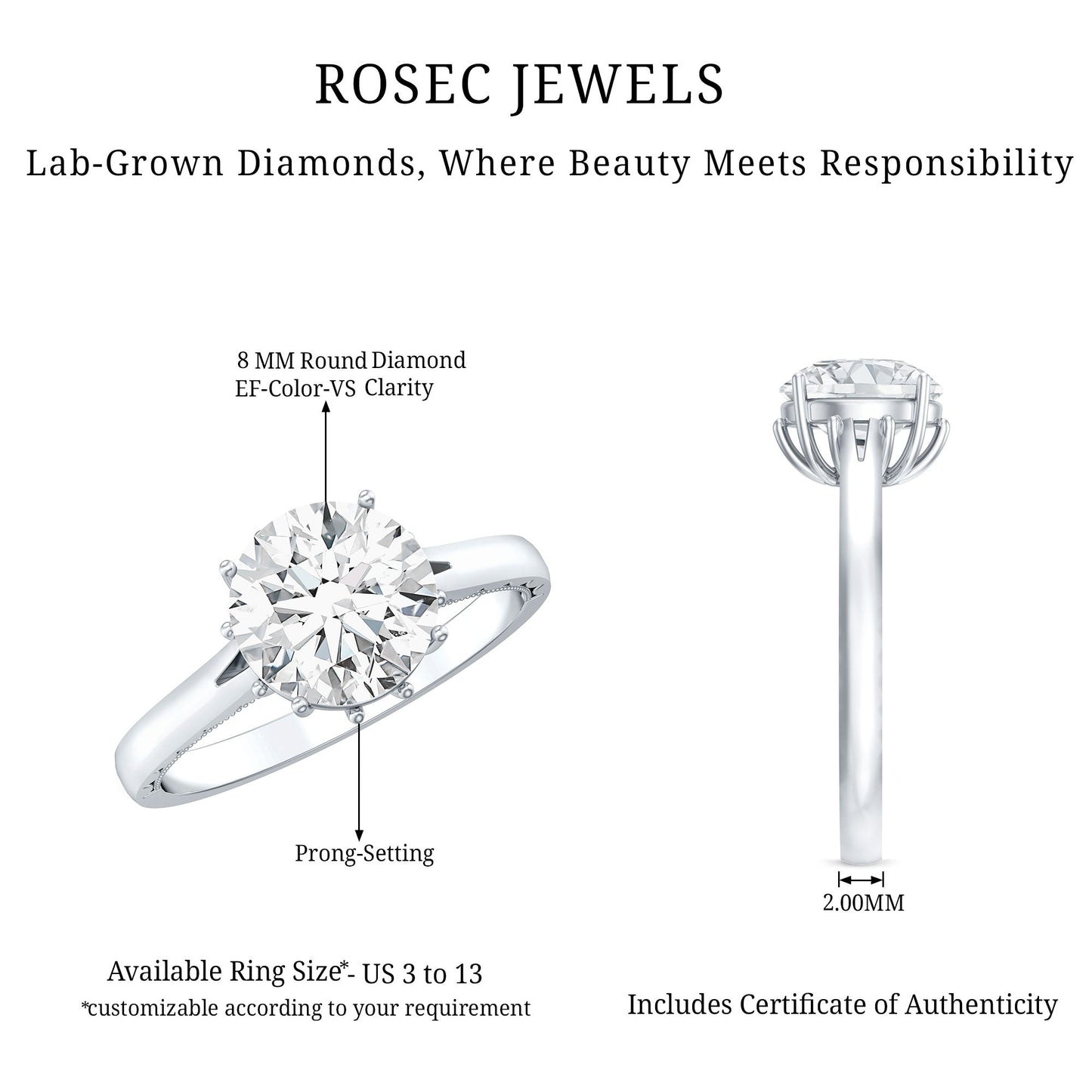Lab Grown Diamond 8mm Round Engagement Ring With Certificate