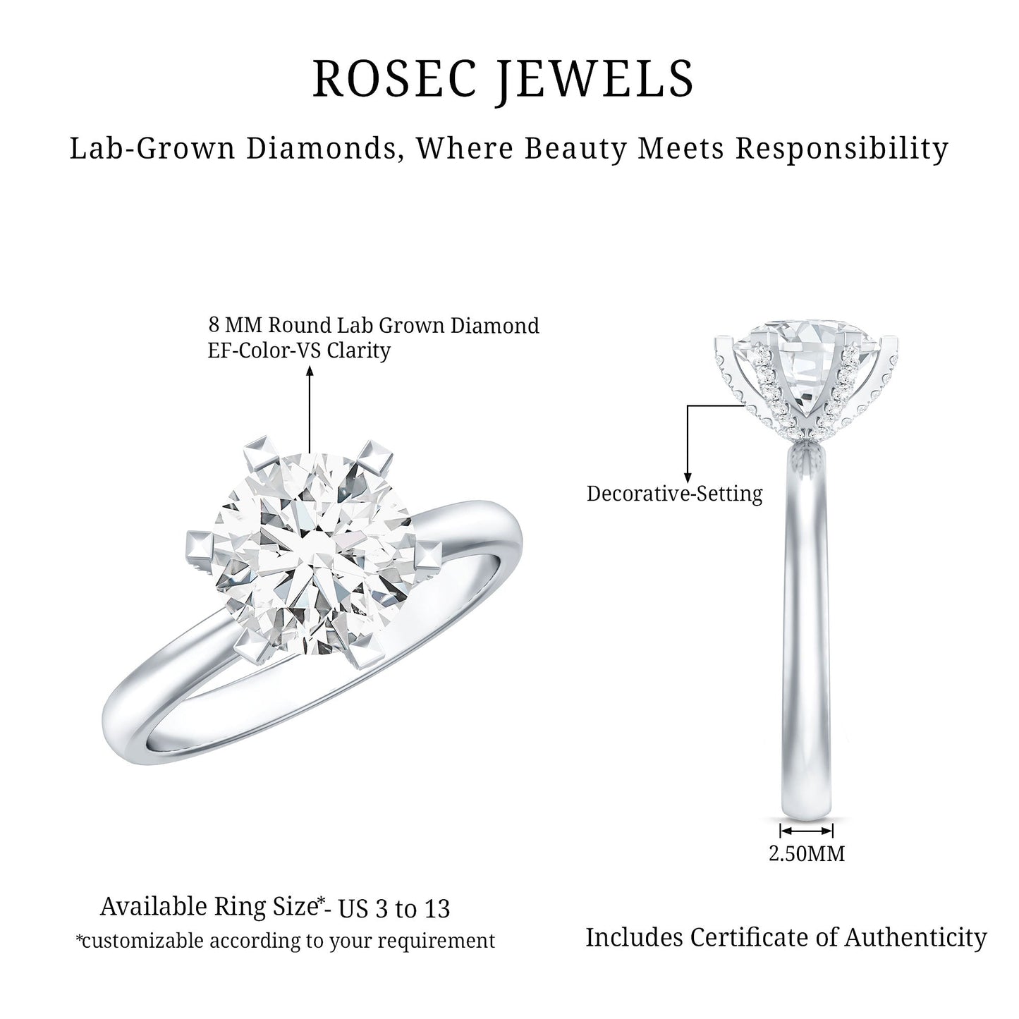 8 MM Round Brilliant Cut Lab Grown Diamond Engagement Ring