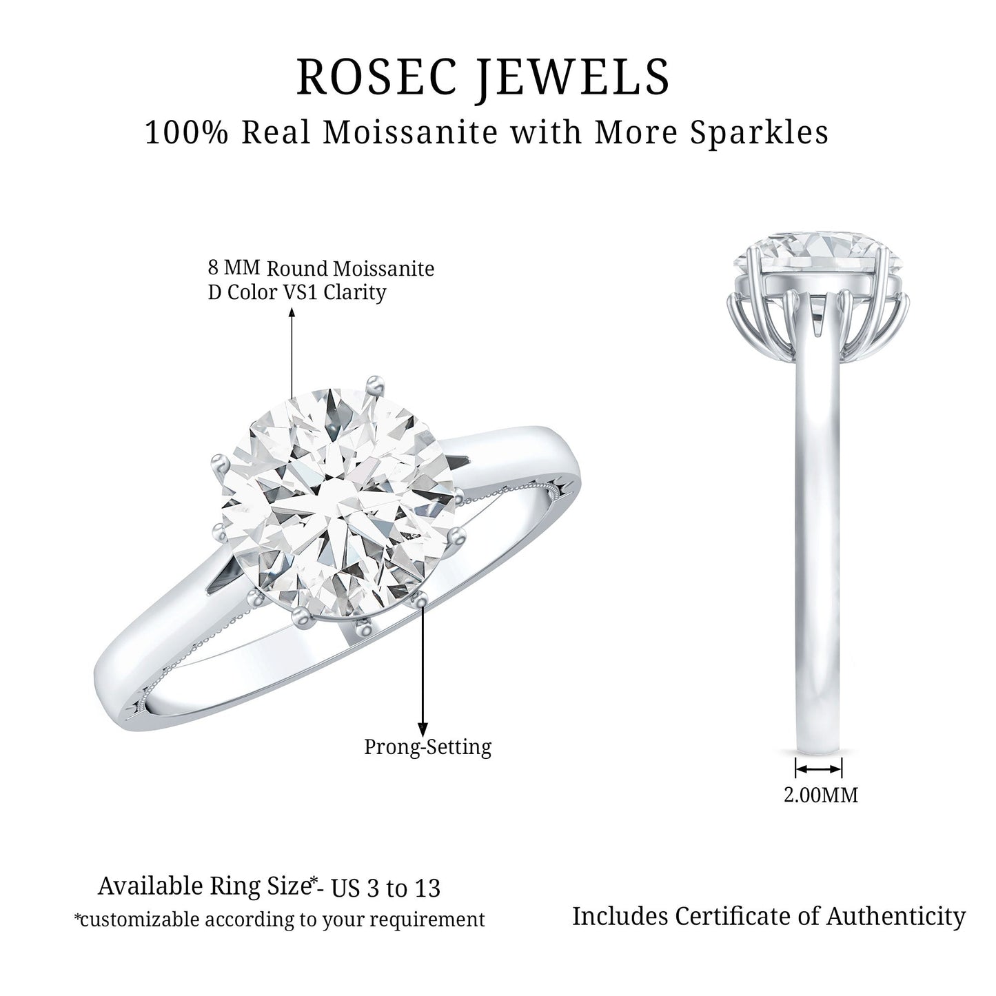 8 MM Round Cut Moissanite Engagement Ring with Milgrain Detailing