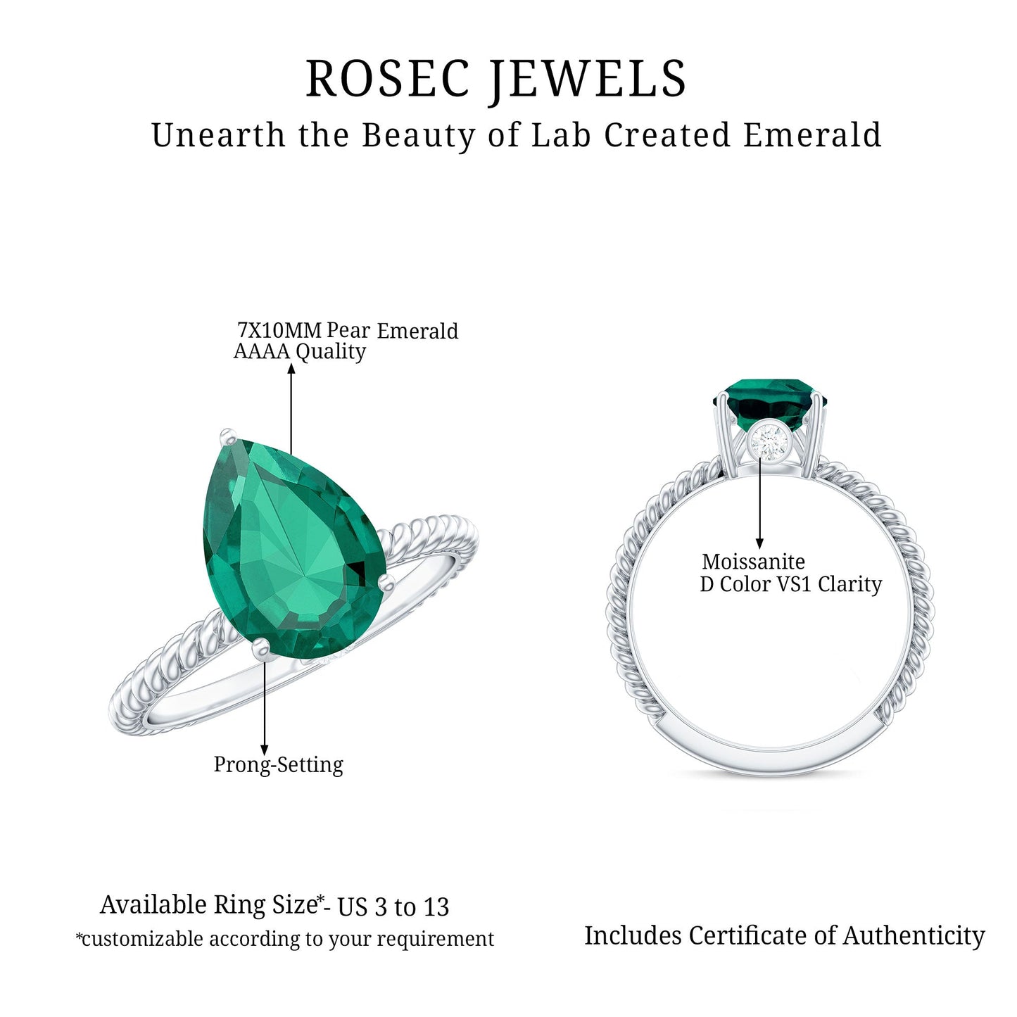 Lab Created Emerald 7X10 mm Pear Shape Engagement Ring With Hidden Moissanite