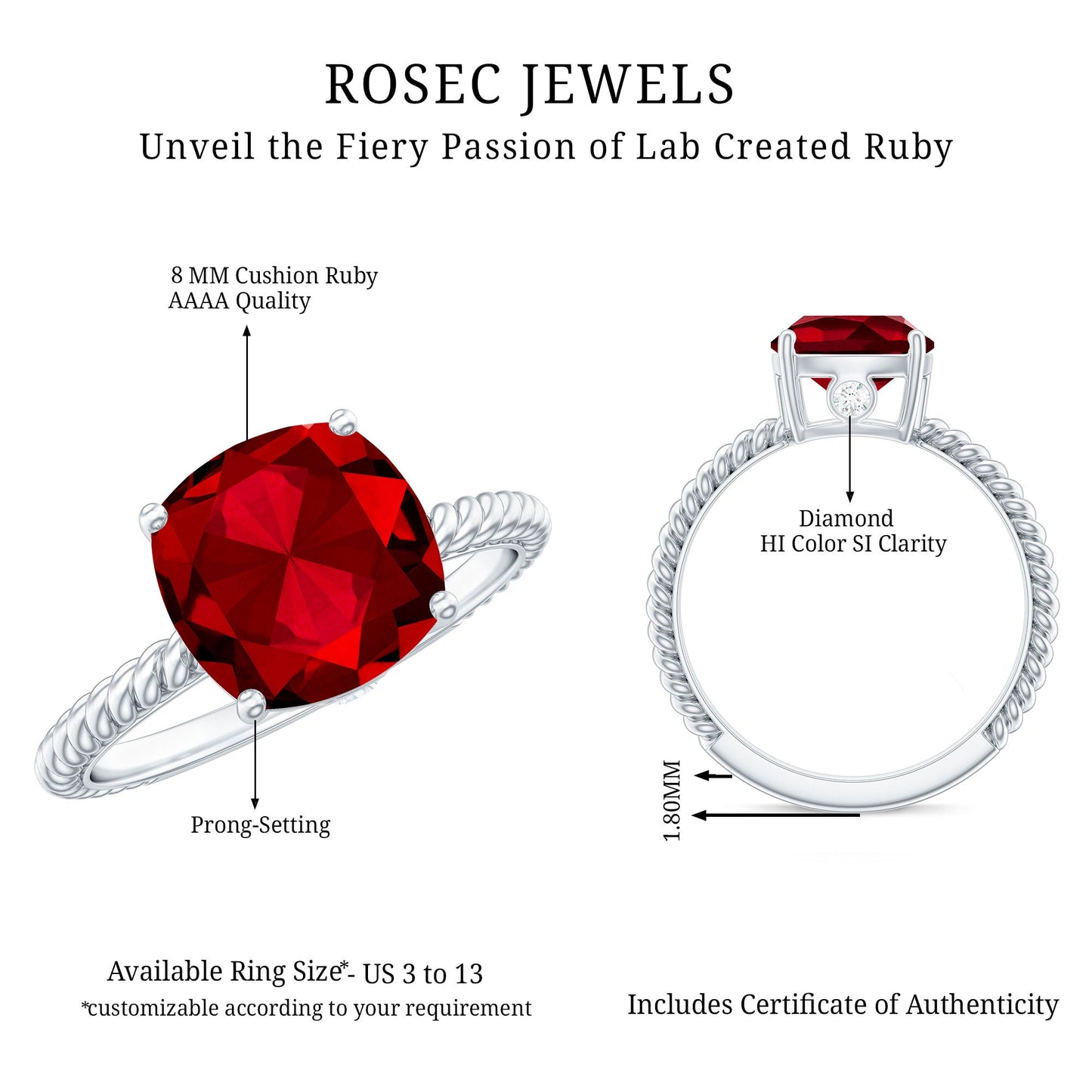 Certified 2 Carat Lab Grown Ruby Cushion Cut Engagement Ring with Surprise Diamond