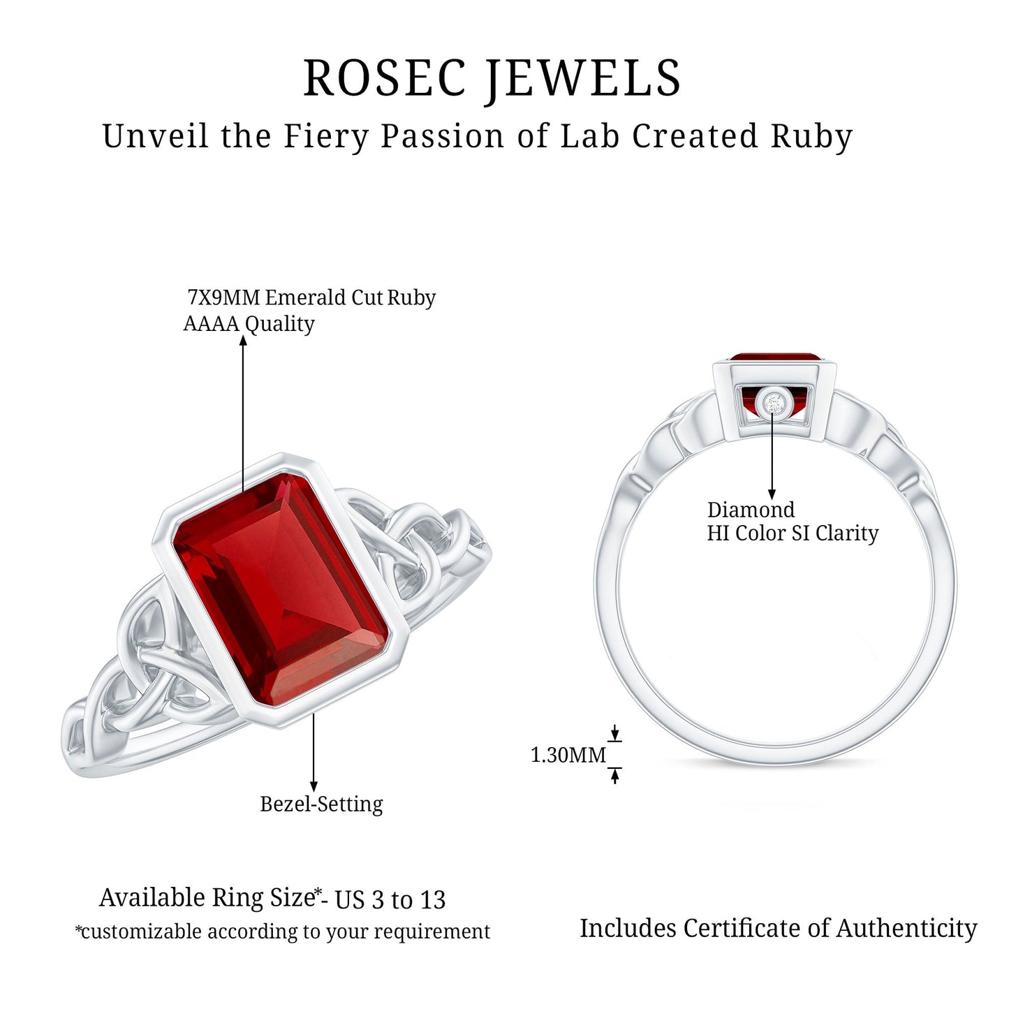 Bezel Set Emerald Cut Lab Created Ruby Celtic Engagement Ring