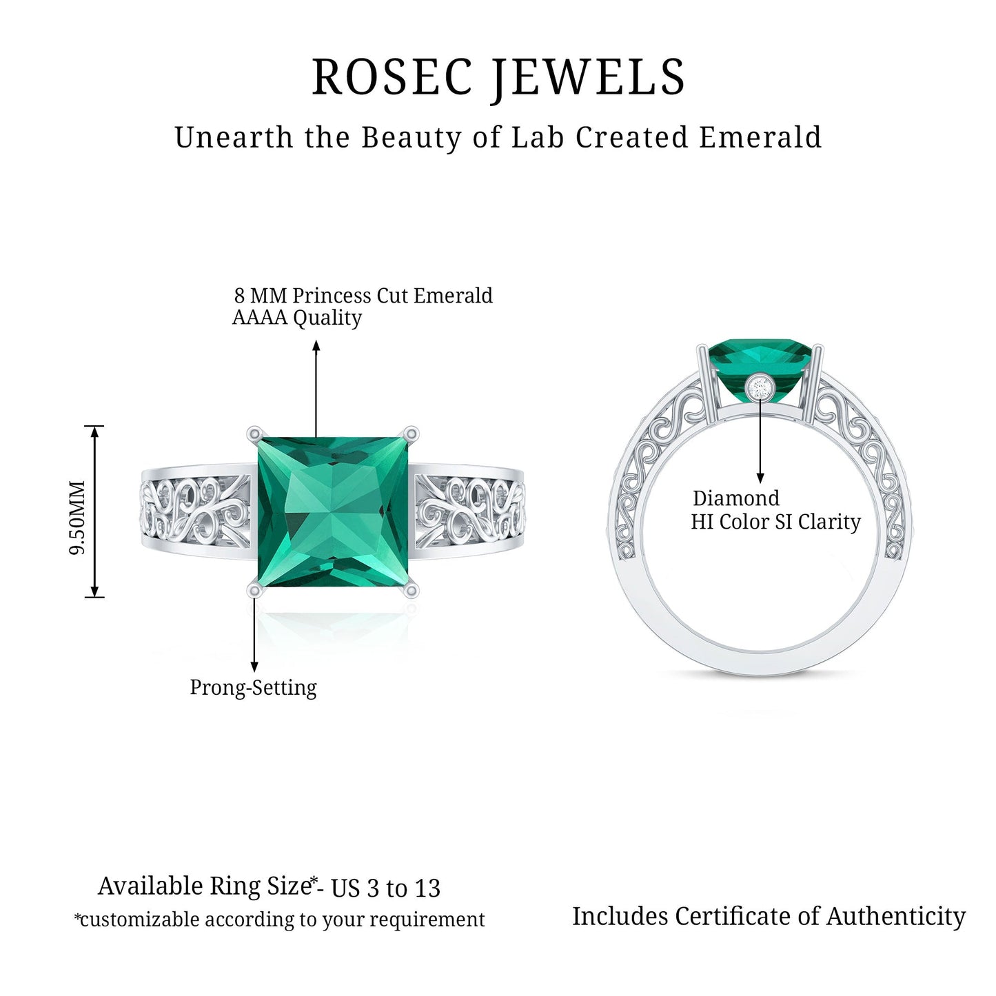 Certified 8 mm Princess Cut Lab Grown Emerald Filigree Engagement Ring