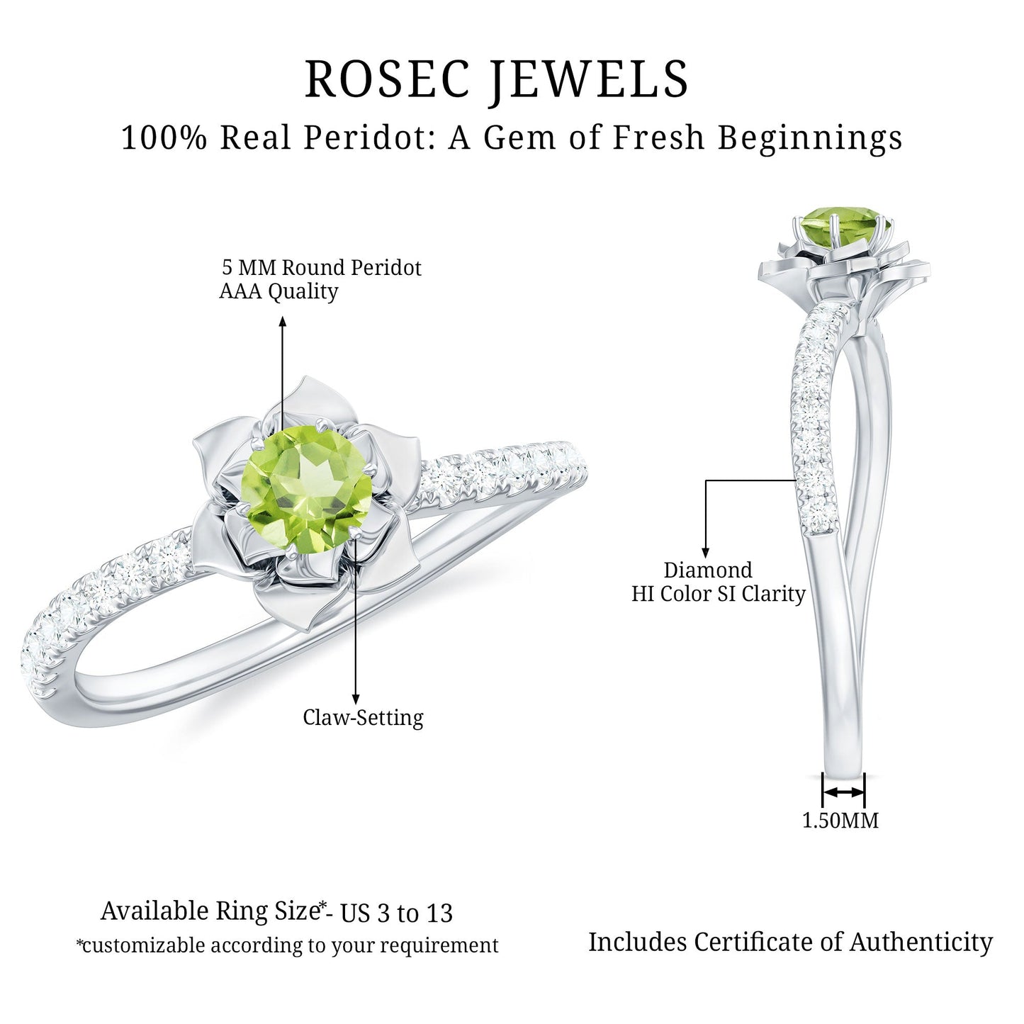 Nature Inspired Half Carat Peridot Flower Engagement Ring with Diamond