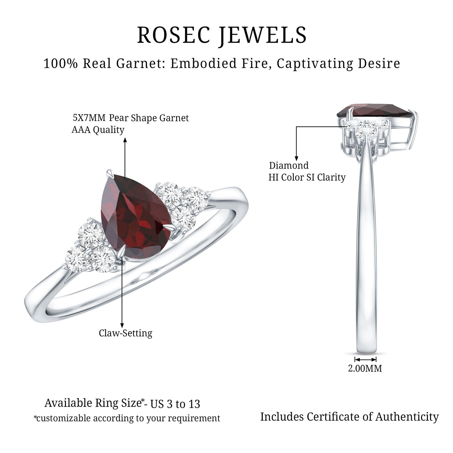 Natural 5X7mm Pear Shape Garnet Engagement Ring with Diamond
