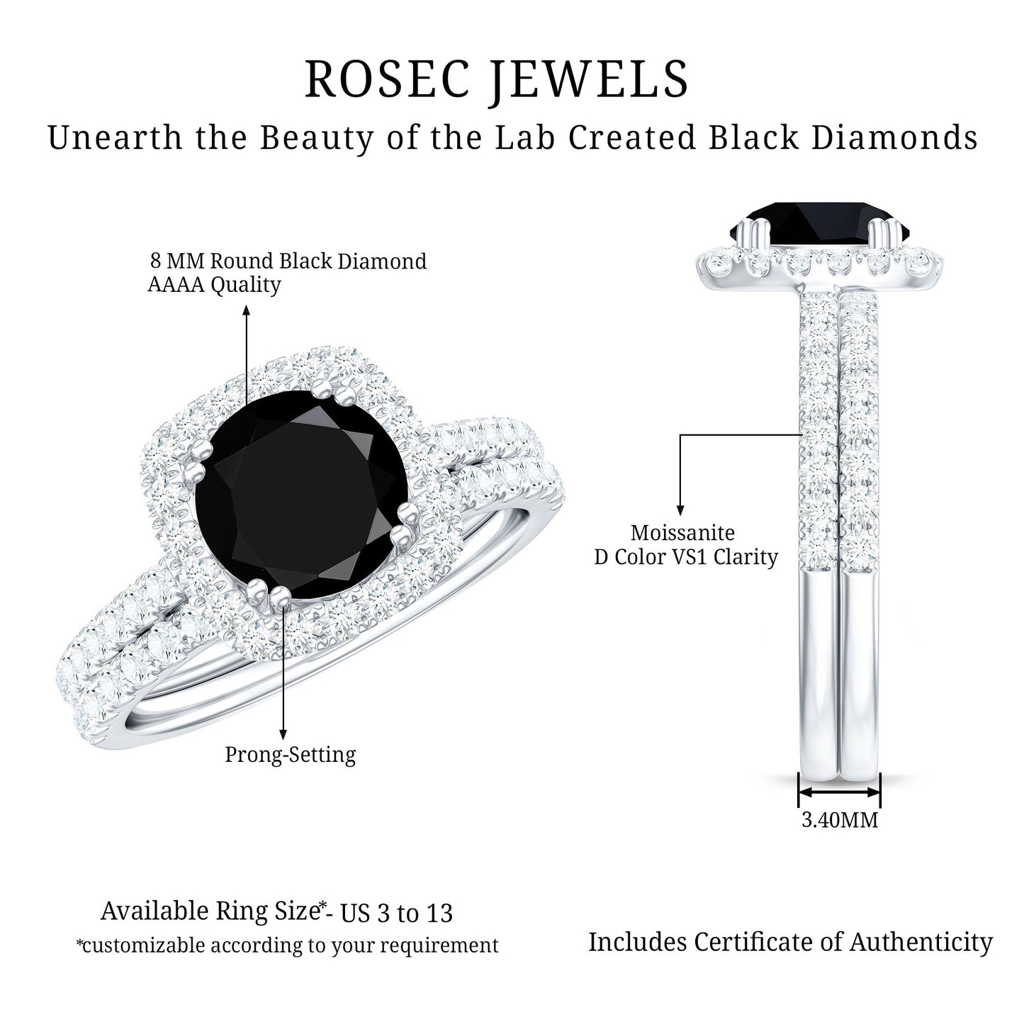 Certified 2 Carat Lab Grown Black Diamond Halo Engagement Ring with Moissanite Wedding Band