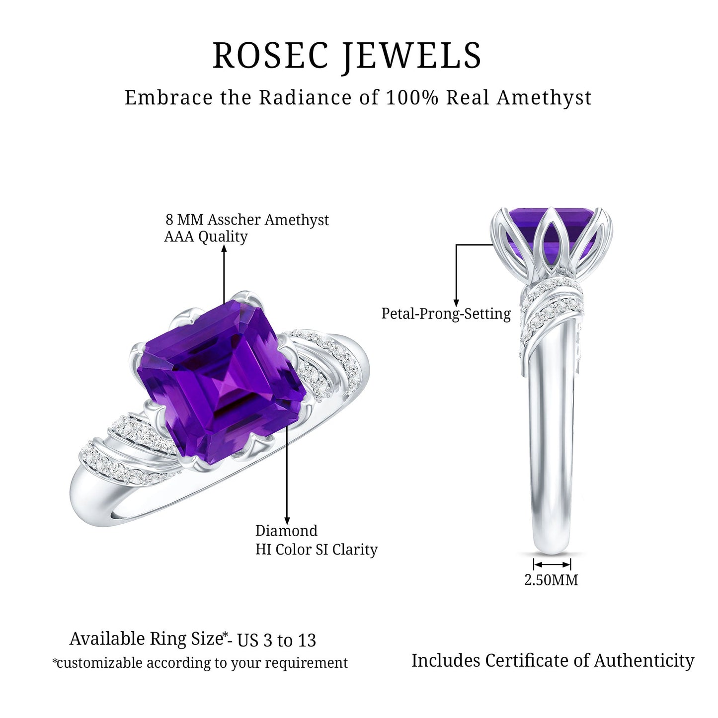 Asscher Cut Amethyst Designer Engagement Ring with Diamond