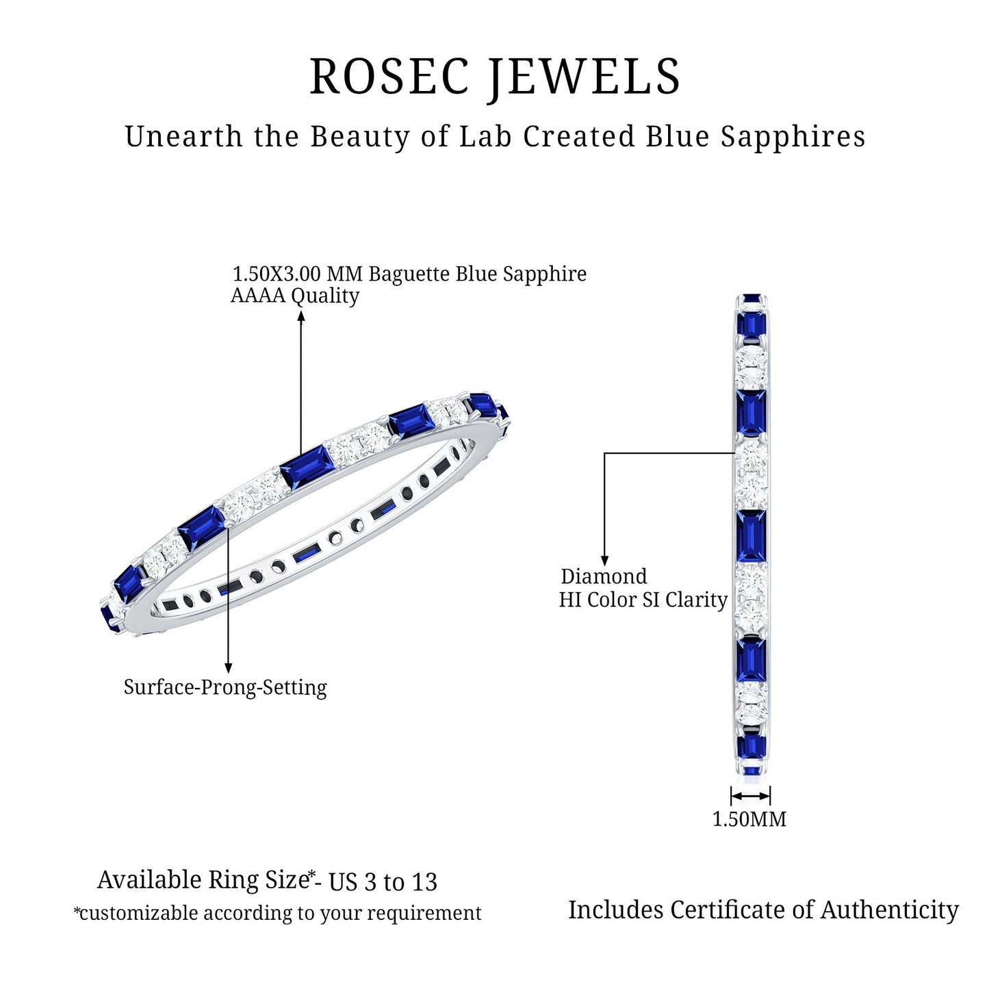 Certified Baguette Lab Blue Sapphire Eternity Ring with Diamond