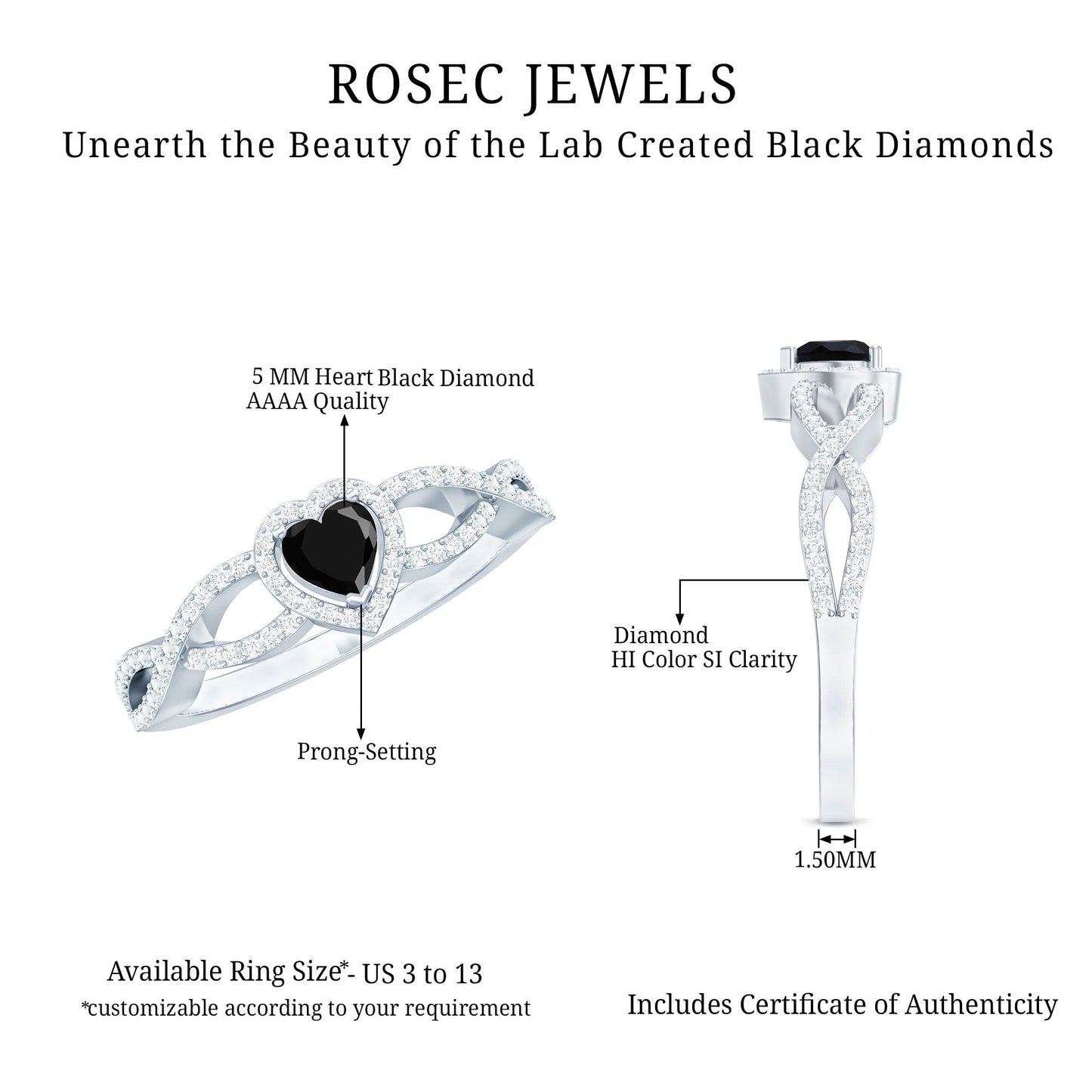 0.6 Carat Lab Grown Black and White Diamond Heart Engagement Ring with Crossover Shank