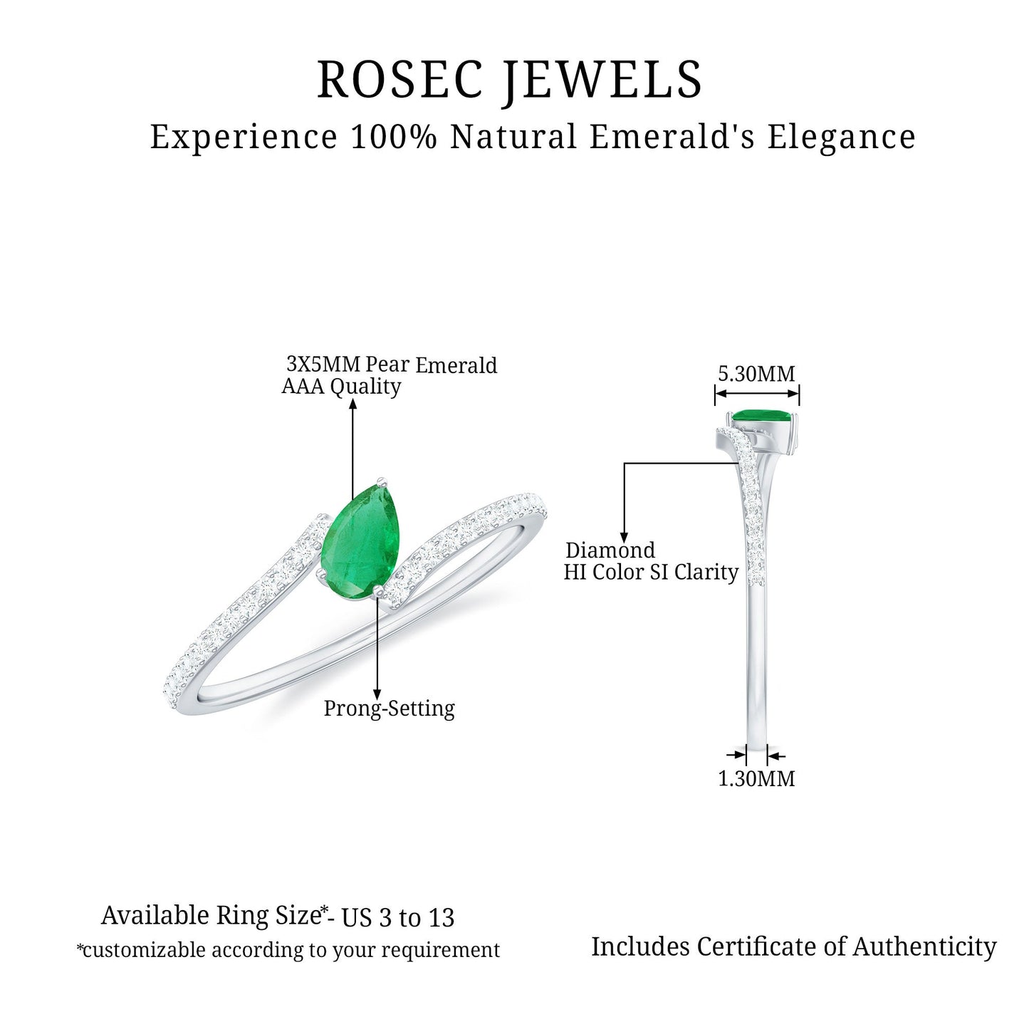 Pear Shaped Emerald and Diamond Promise Ring in Bypass Shank