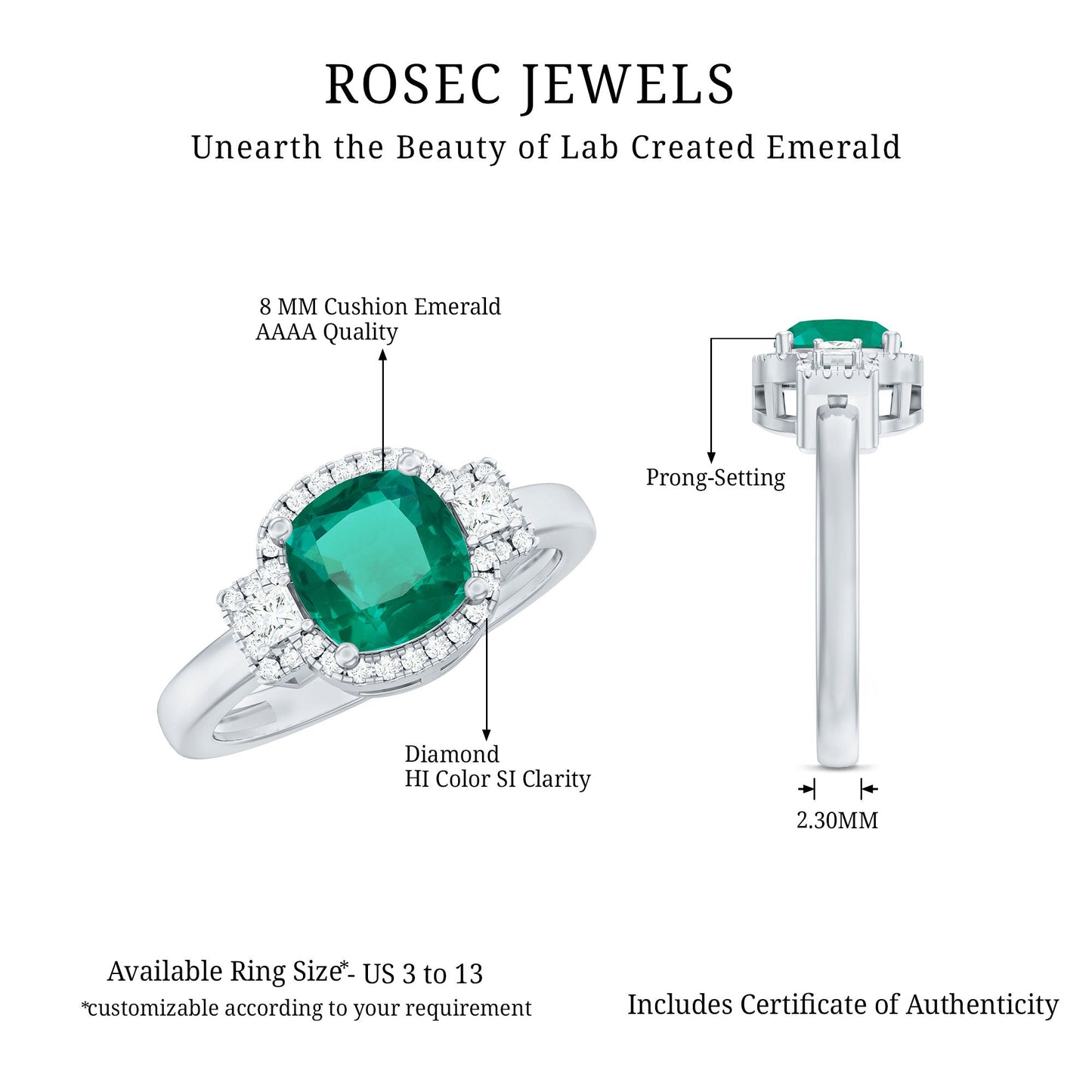 Cushion Cut 8 mm Lab Grown Emerald Diamond Statement Engagement Ring