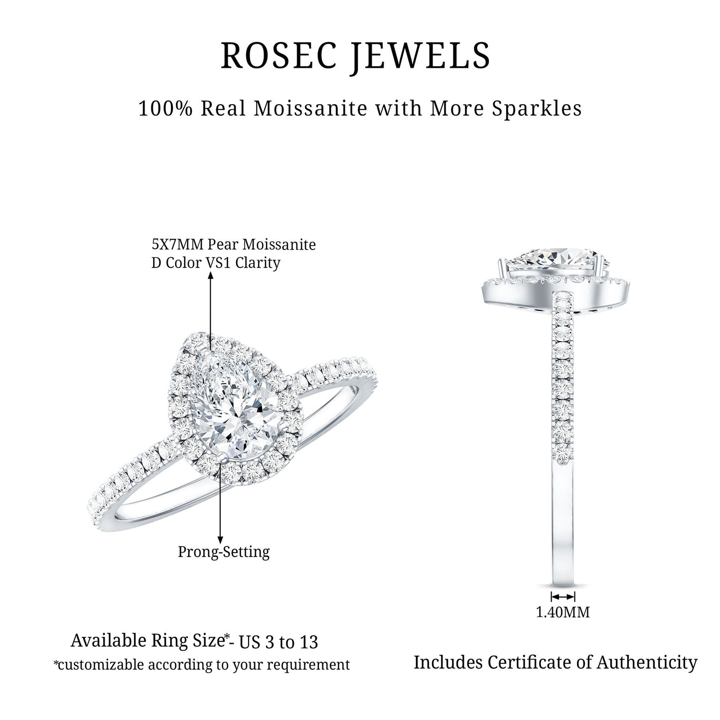5X7 MM Pear Shaped Moissanite Halo Engagement Ring