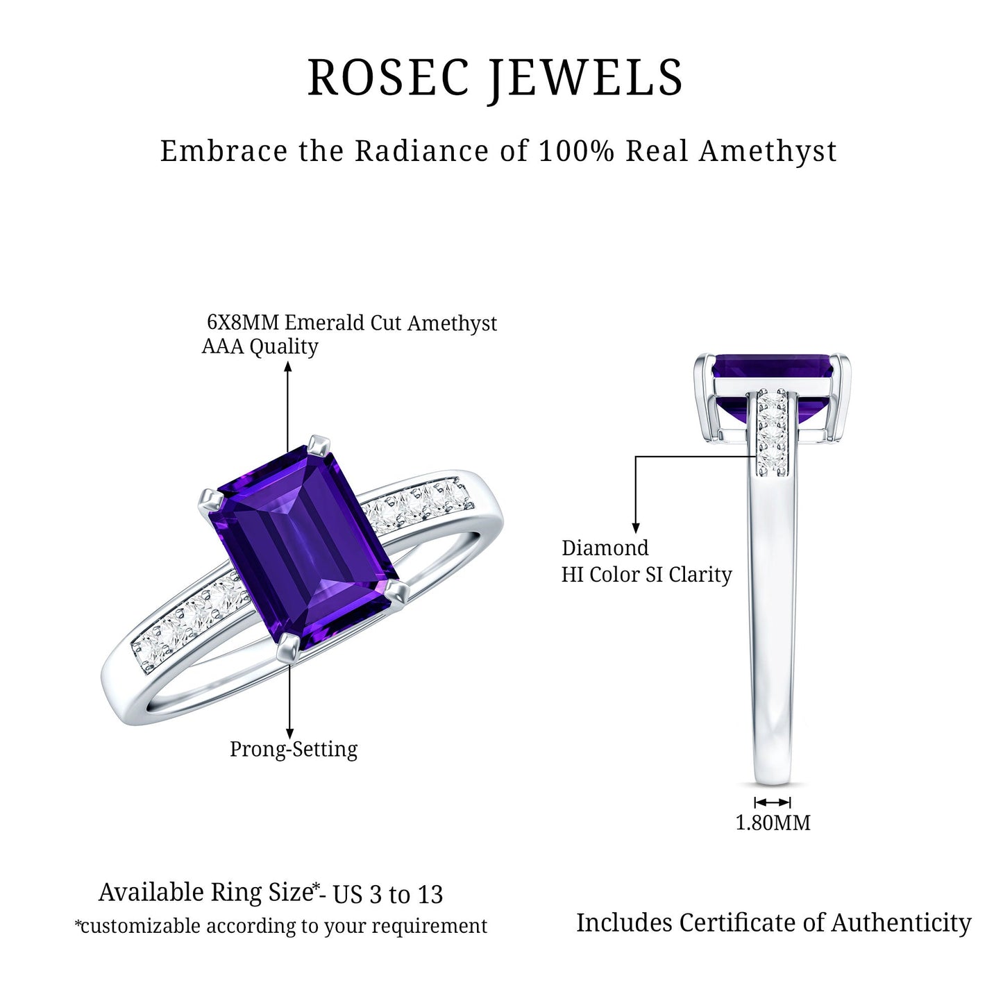 Octagon Cut Amethyst Solitaire Engagement Ring with Diamond Side Stones