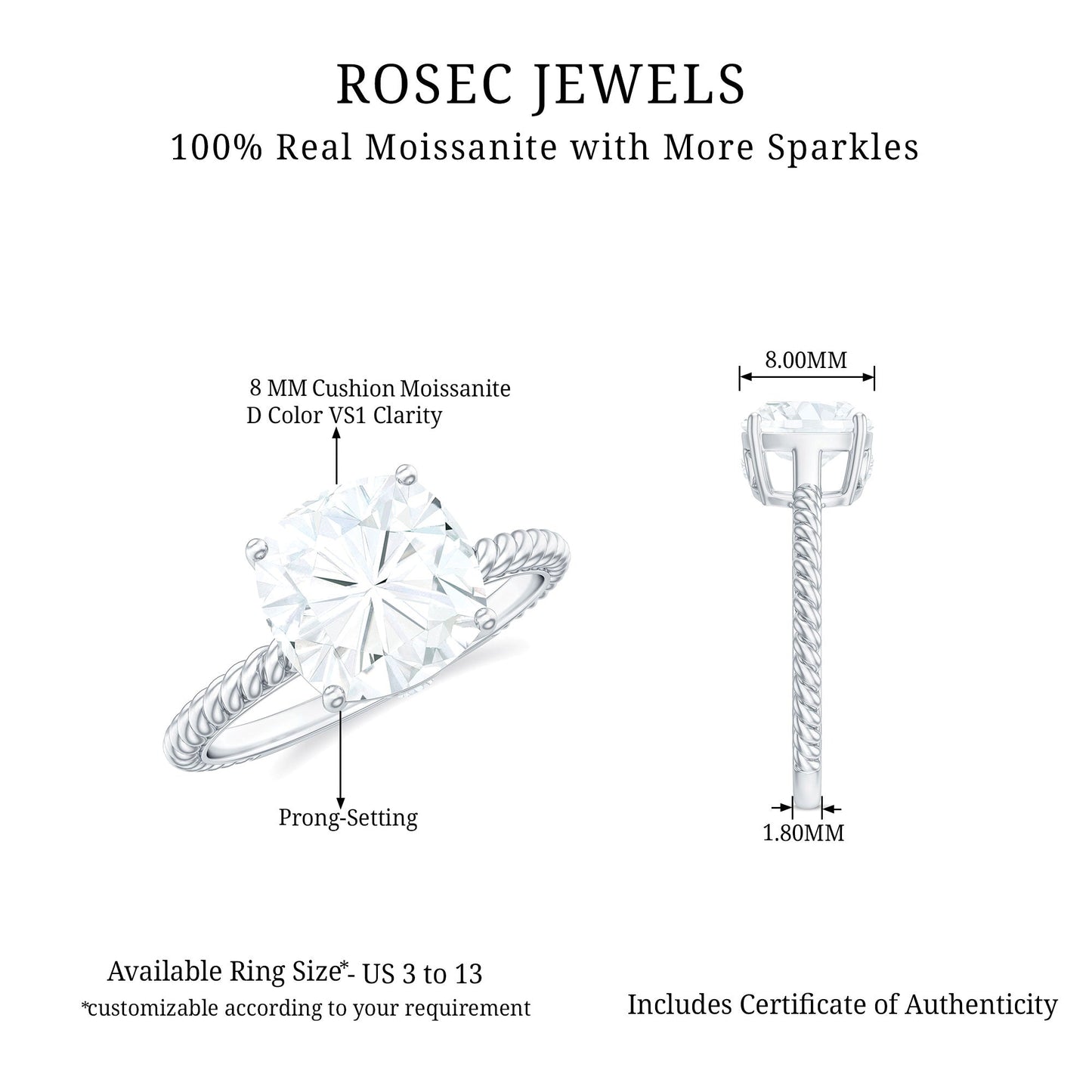 Cushion Cut Moissanite Solitaire Engagement Ring with Twisted Rope