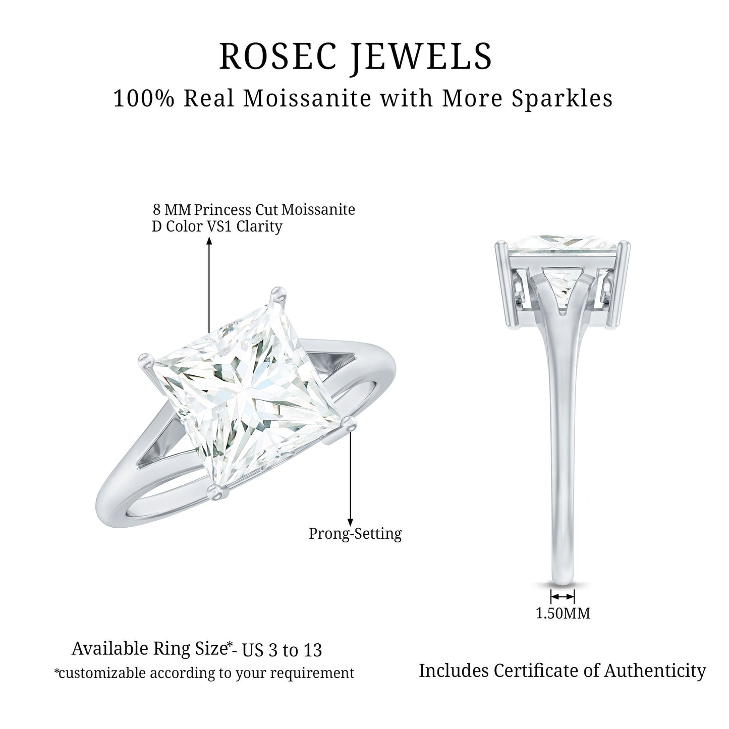 Certified 8 MM Moissanite Princess Cut Engagement Ring with Split Shank
