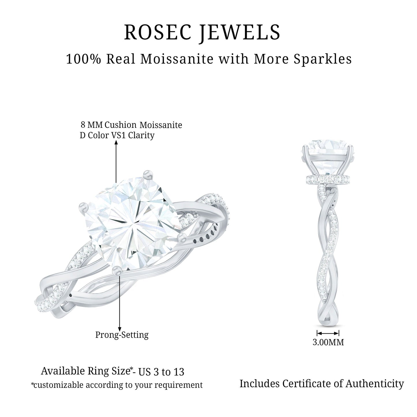 8 MM Moissanite Cushion Cut Hidden Halo Engagement Rings
