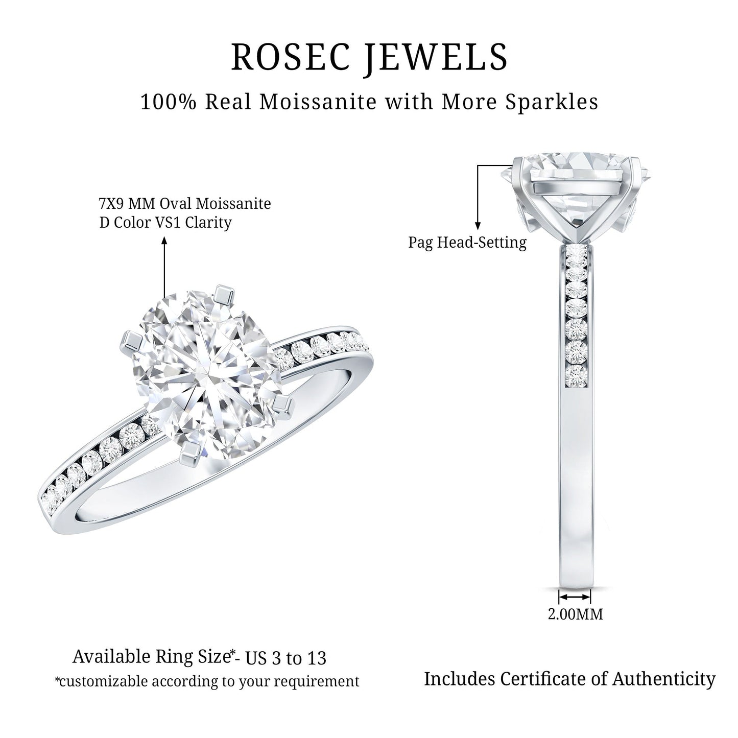 7X9 MM Solitaire Moissanite Oval Engagement Ring with Channel Set