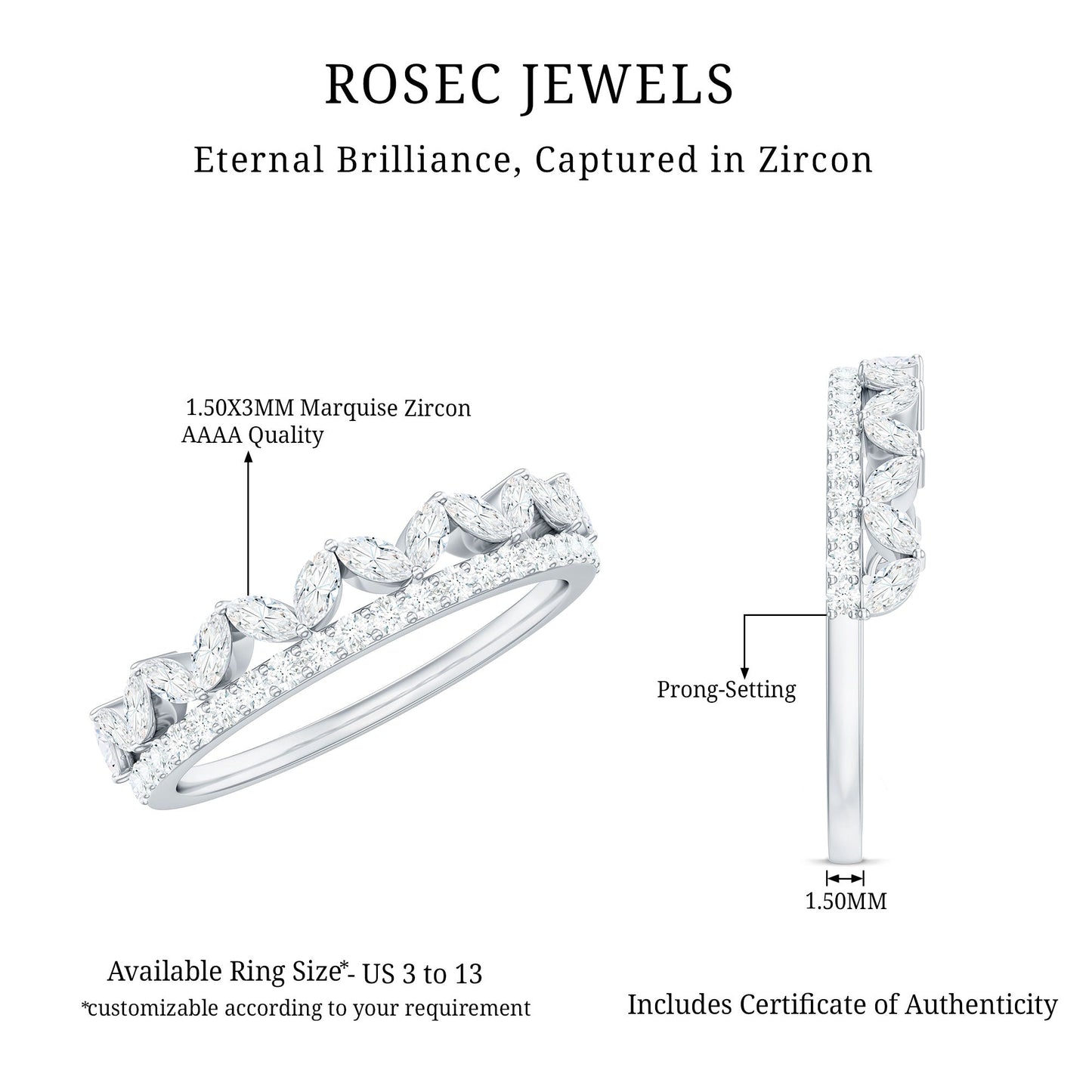 Marquise and Round Cut Zircon Half Eternity Stackable Ring