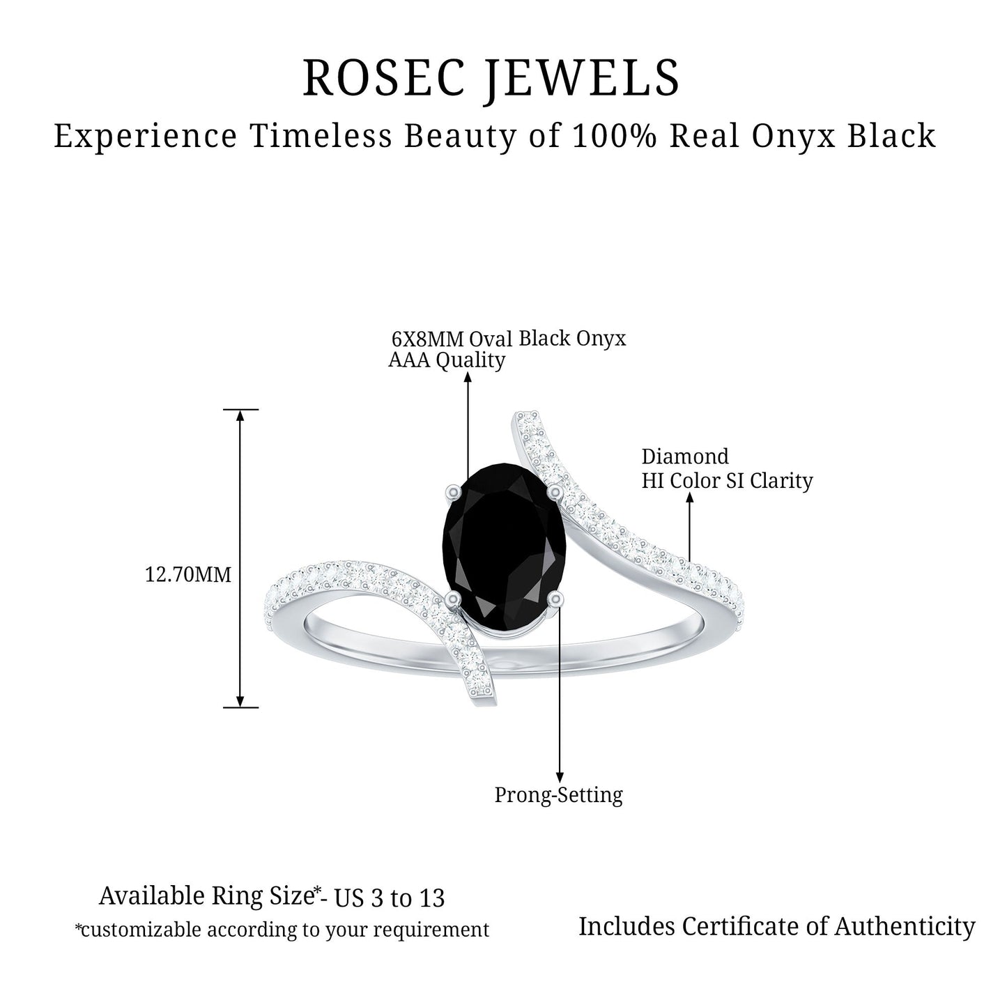 Certified Oval Cut Black Onyx Bypass Engagement Ring with Diamond