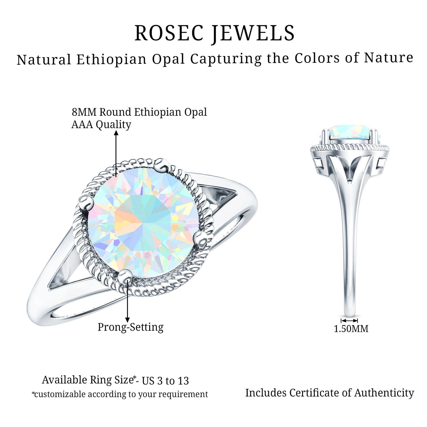 Certified Real 8 mm Round Ethiopian Opal Split Shank Engagement Ring with Twisted Rope