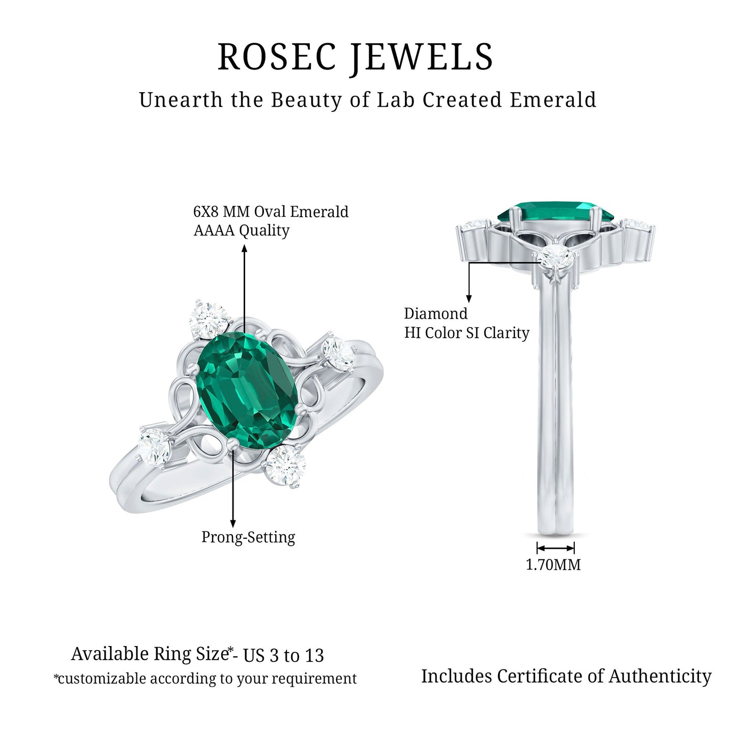 Vintage Inspired 1 Ct Lab Grown Emerald Oval Engagement Ring with Diamond