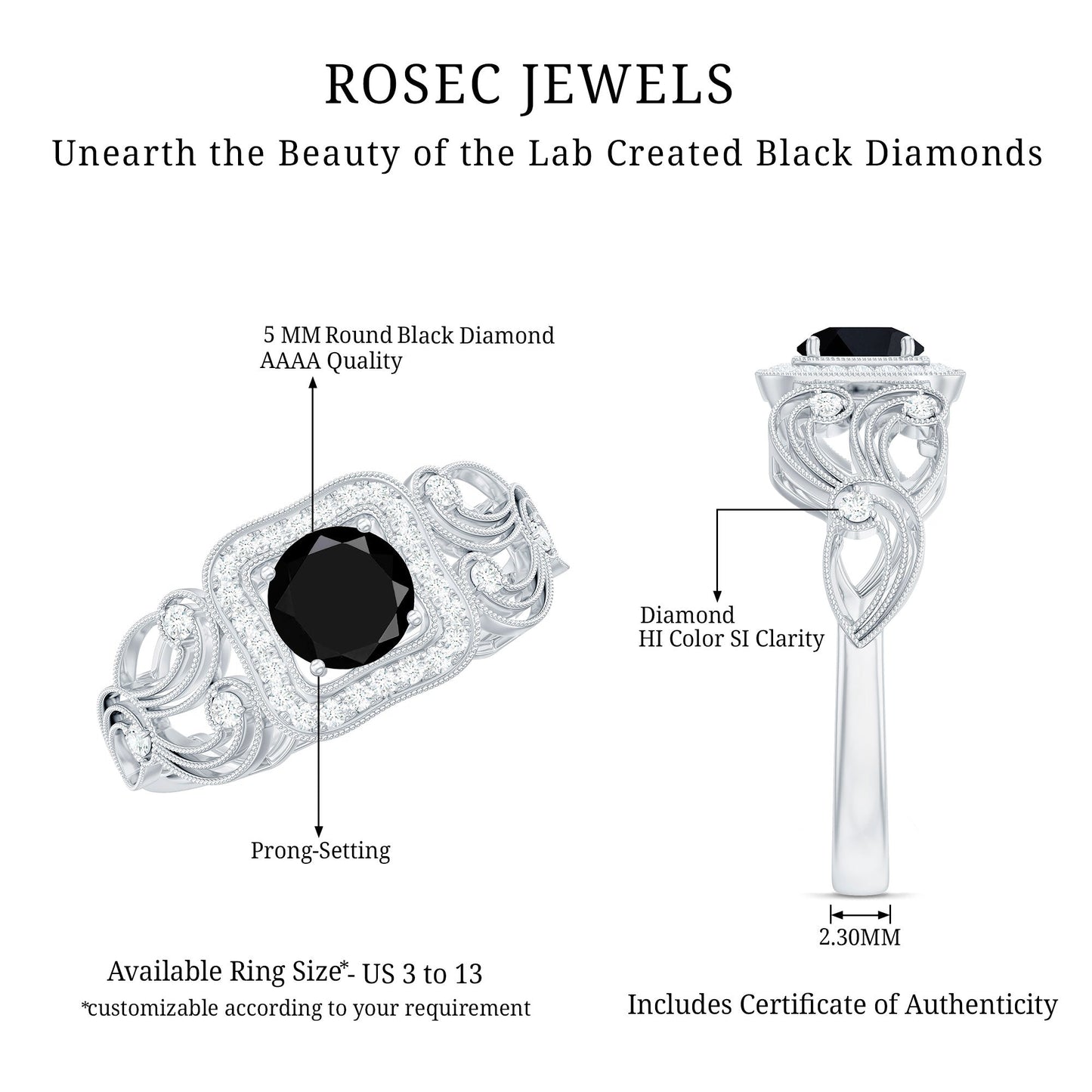 Vintage Style 0.84 Carat Lab Grown Black Diamond Engagement Ring with White Diamond