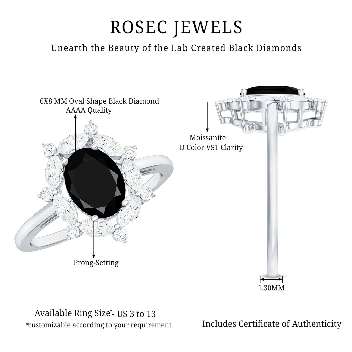 Certified 1.9 Carat Lab Grown Black Diamond Oval Engagement Ring with Moissanite Halo