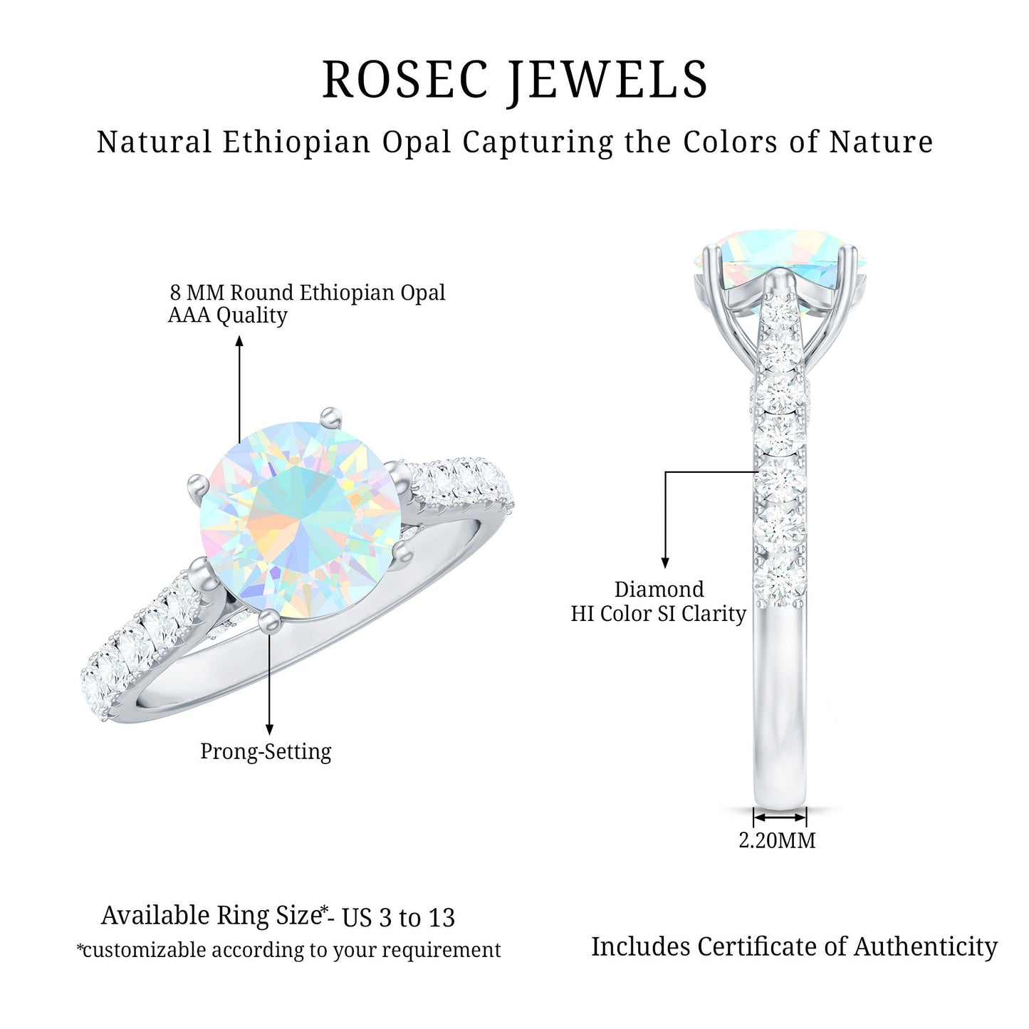 Natural 8mm Ethiopian Opal Diamond Engagement Ring with Side Stones