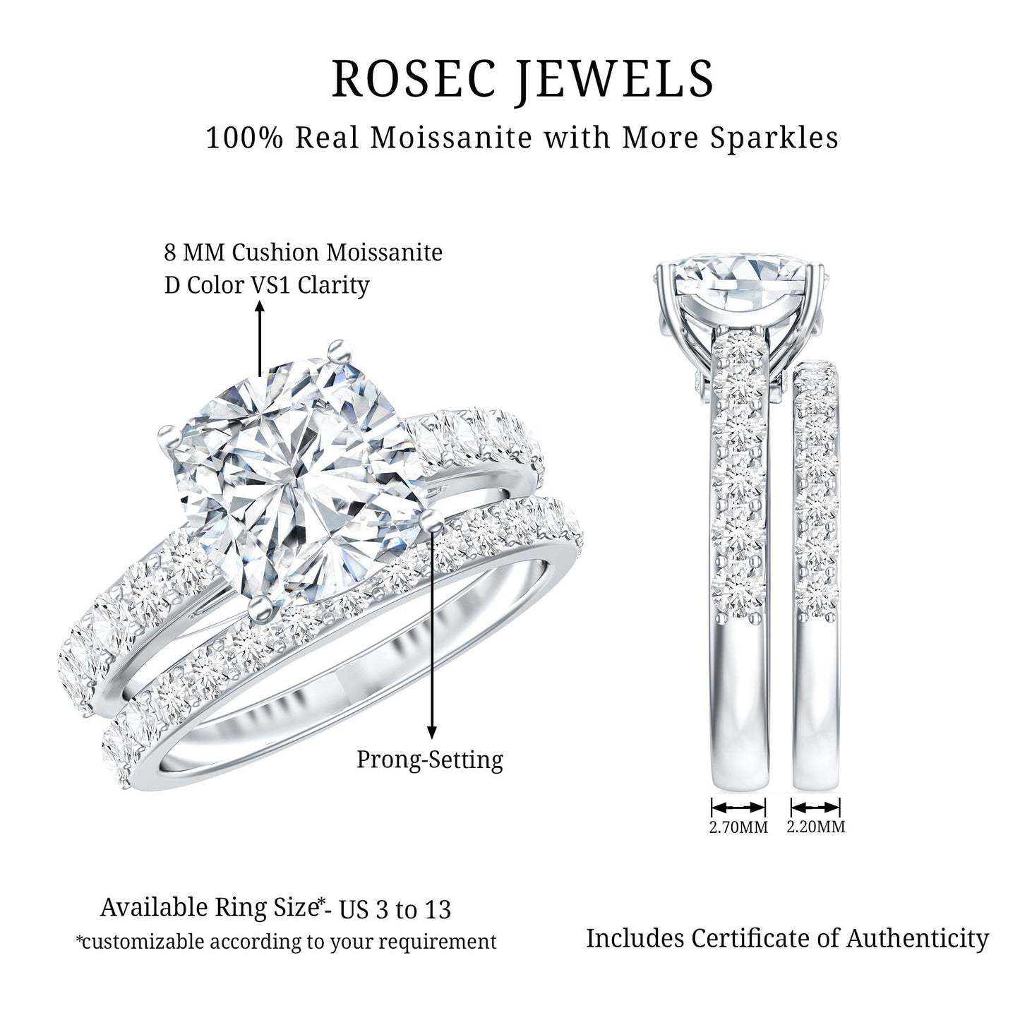4 CT Prong Set Moissanite Solitaire Engagement Ring with Wedding Band