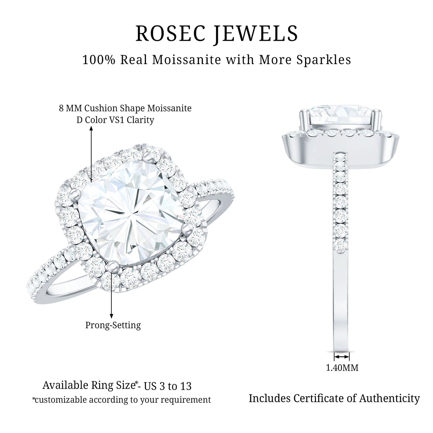 8 MM Cushion Cut Moissanite Halo Engagement Ring for Women