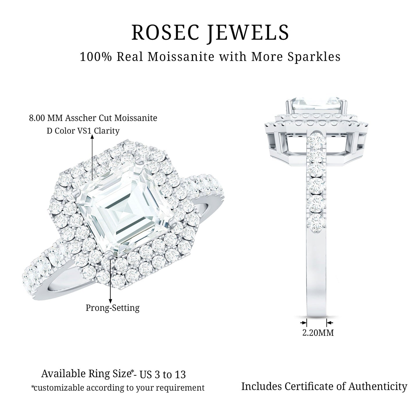Certified Asscher Cut Moissanite Double Halo Engagement Ring
