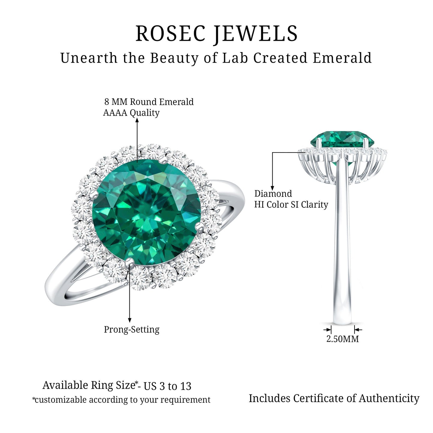 8 mm Lab Grown Emerald Classic Engagement Ring with Diamond Halo