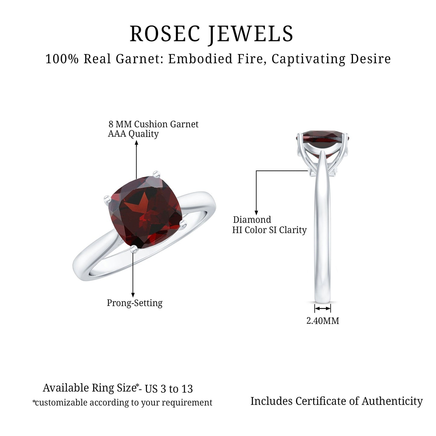 Natural 8mm Garnet Cushion Cut Engagement Ring with Surprise Diamond