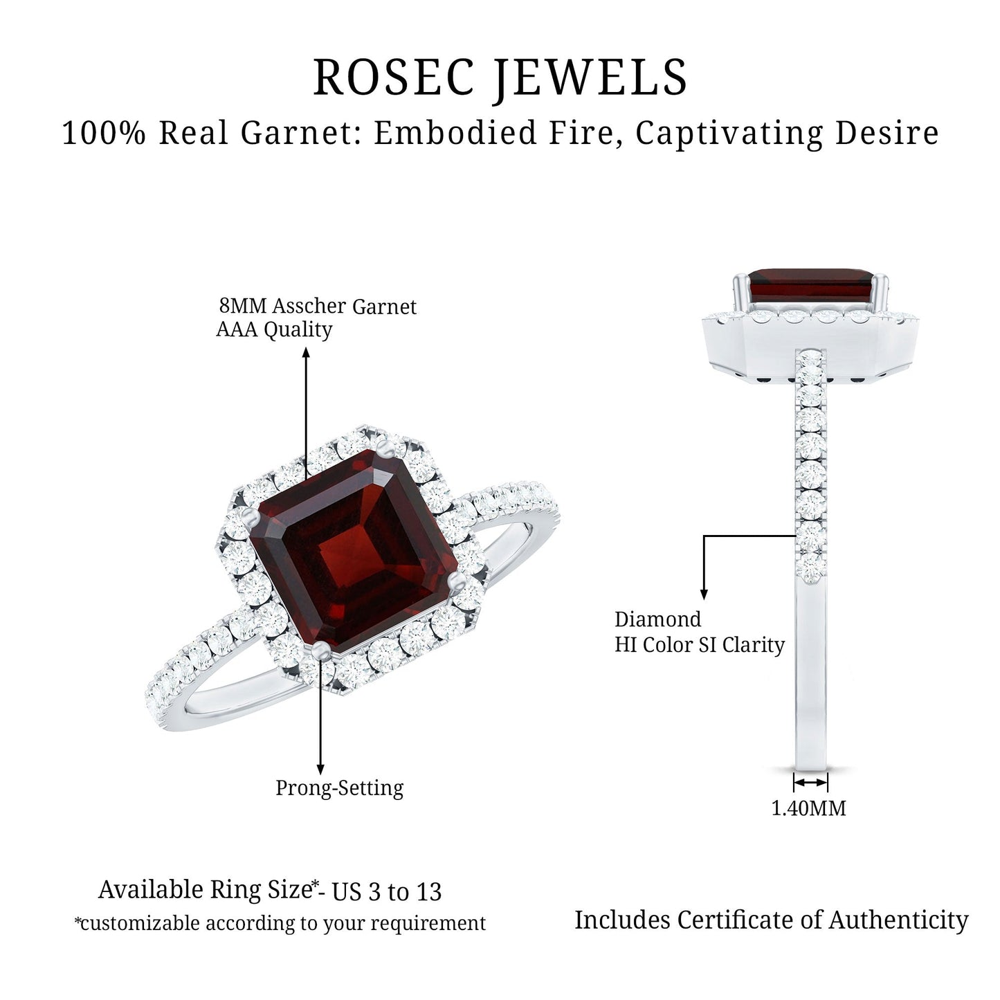 Natural 8mm Garnet Asscher Cut Engagement Ring with Diamond Halo