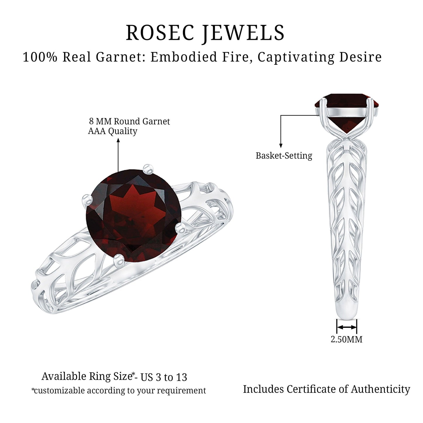 Natural 8mm Garnet Filigree Engagement Ring with Certificate