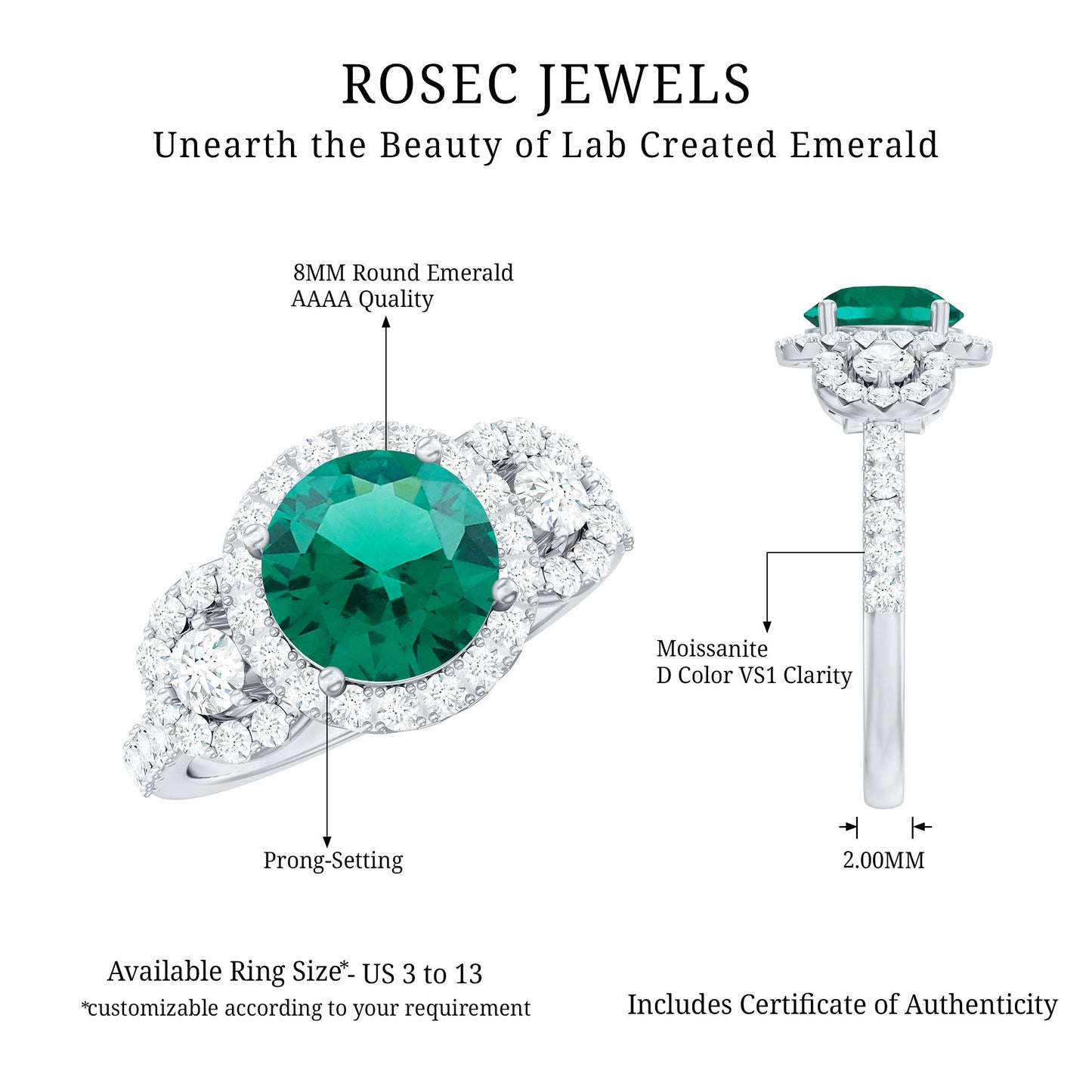 Certified 8mm Lab Grown Emerald Vintage Looking Engagement Ring with Moissanite