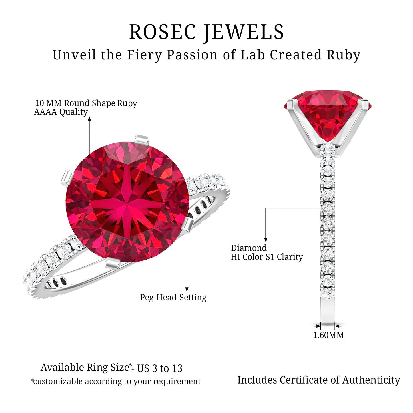 Certified Lab Grown Ruby Solitaire Engagement Ring with Diamond Side Stones