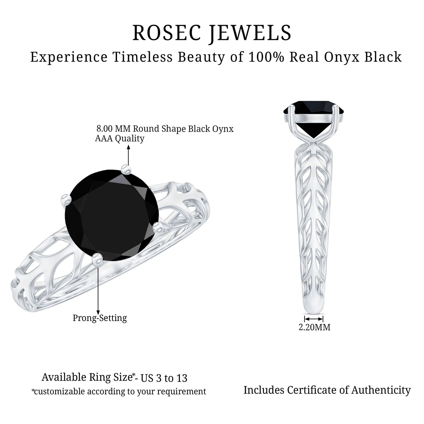 Round Cut Solitaire Black Onyx Engagement Ring with Certificate