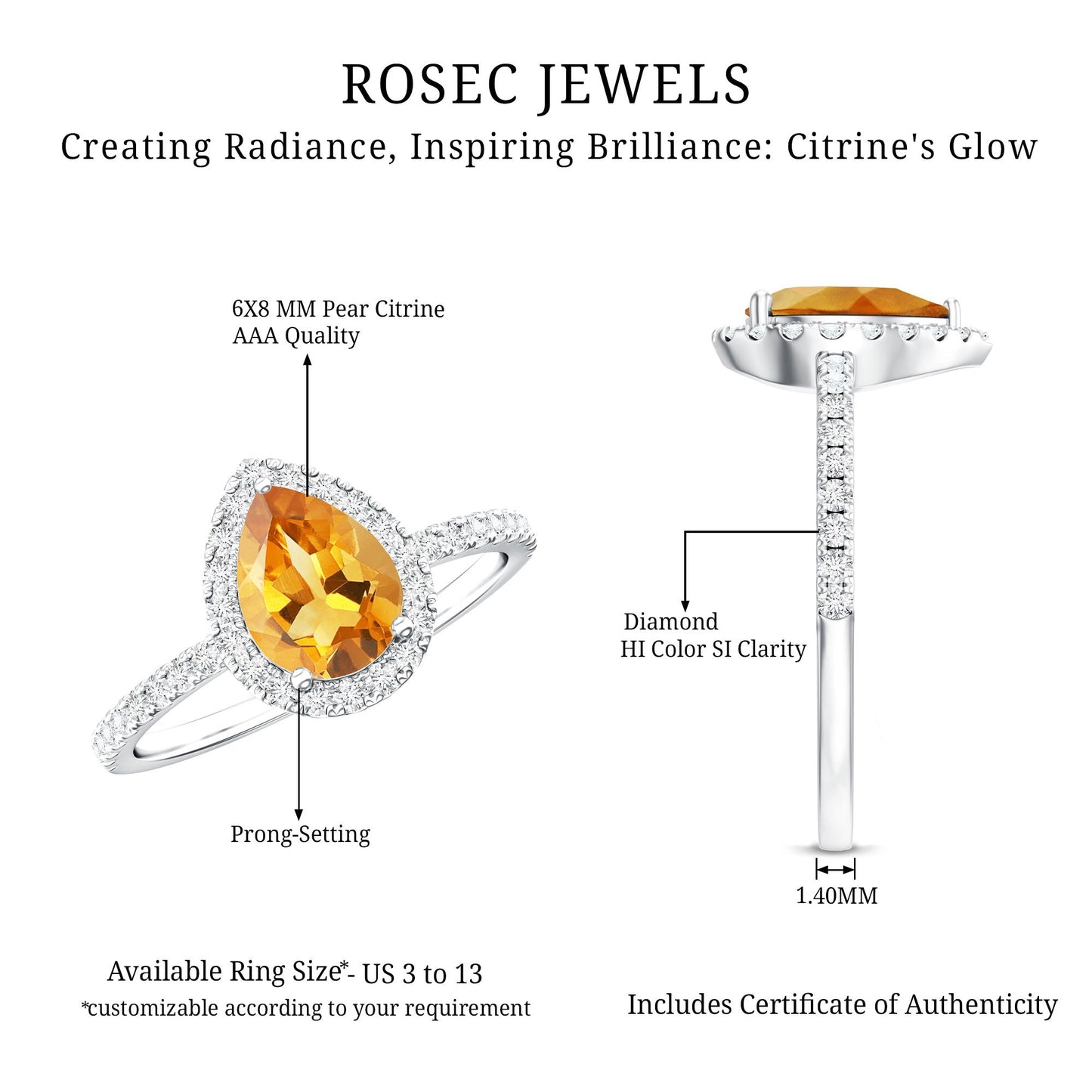 Natural 6X8mm Pear Shape Citrine Engagement Ring with Diamond Halo