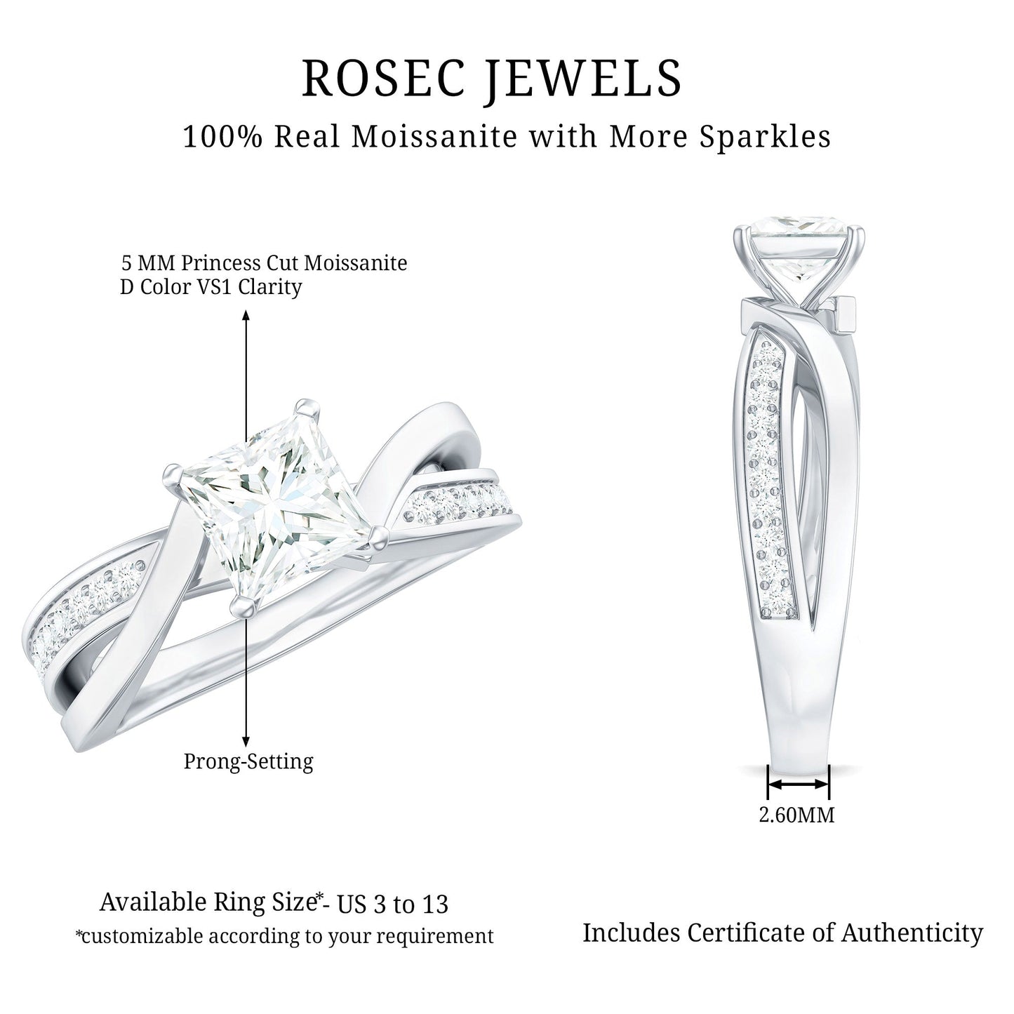 5mm Princess Cut Moissanite Solitaire Infinity Engagement Ring