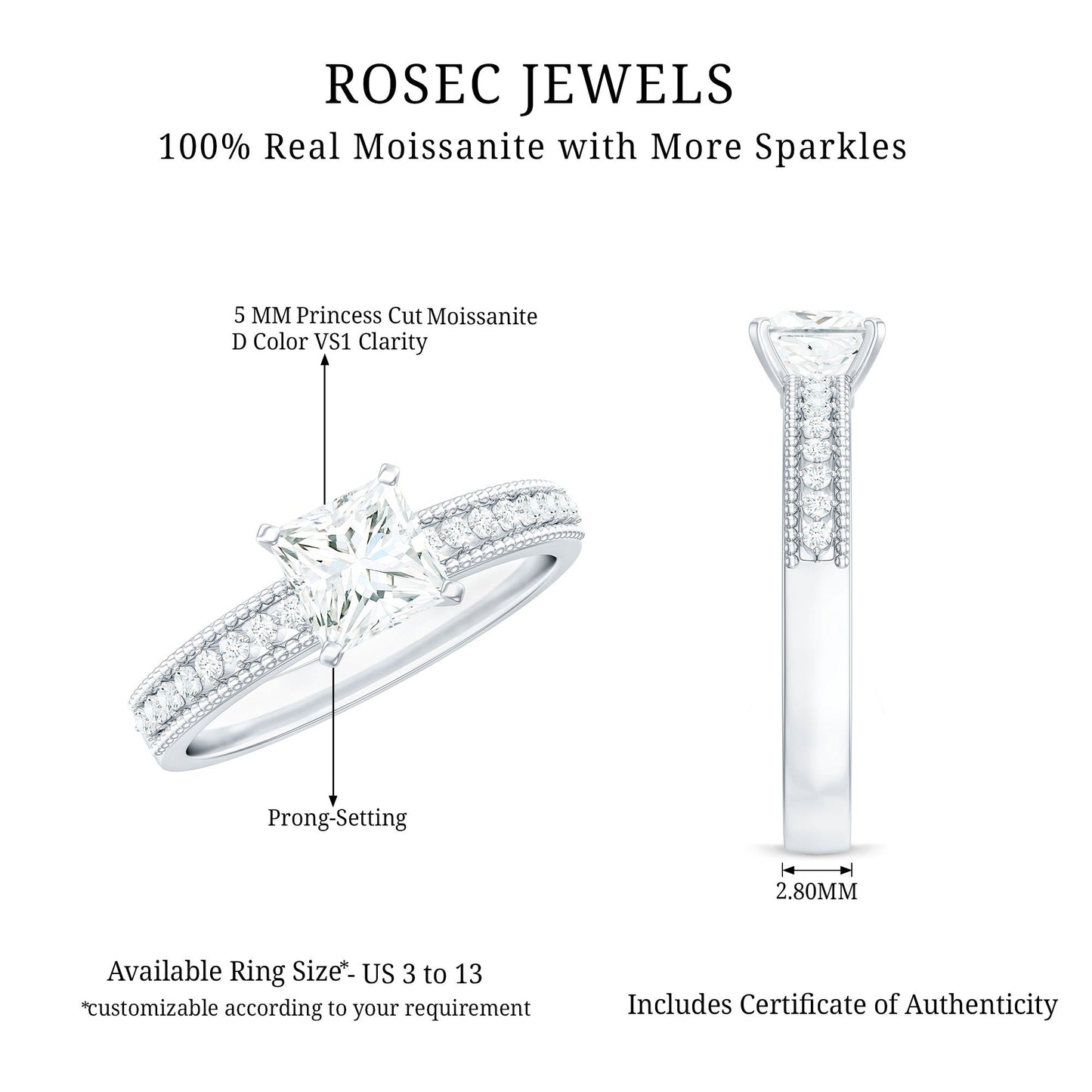 Moissanite Solitaire Engagement Ring with Princess Cut