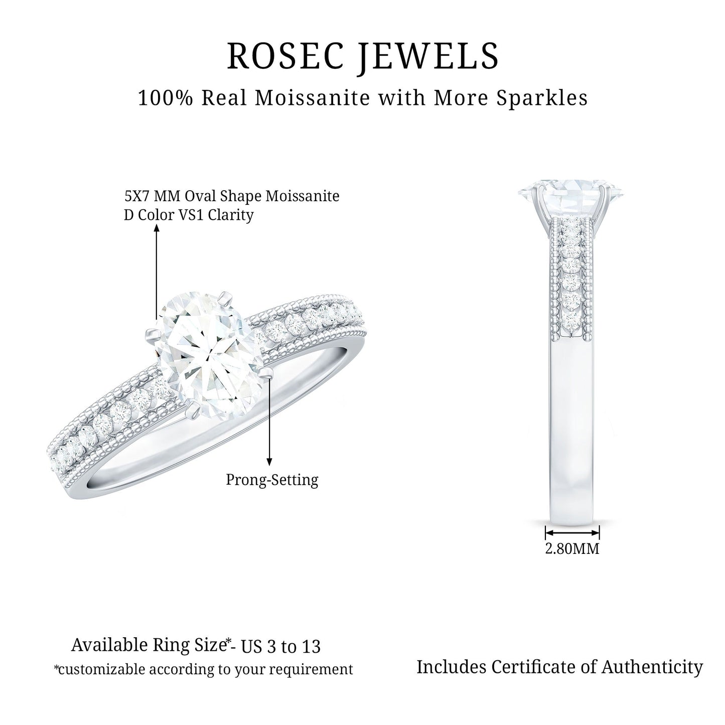 5X7 mm Oval Cut Moissanite Solitaire Beaded Engagement Ring