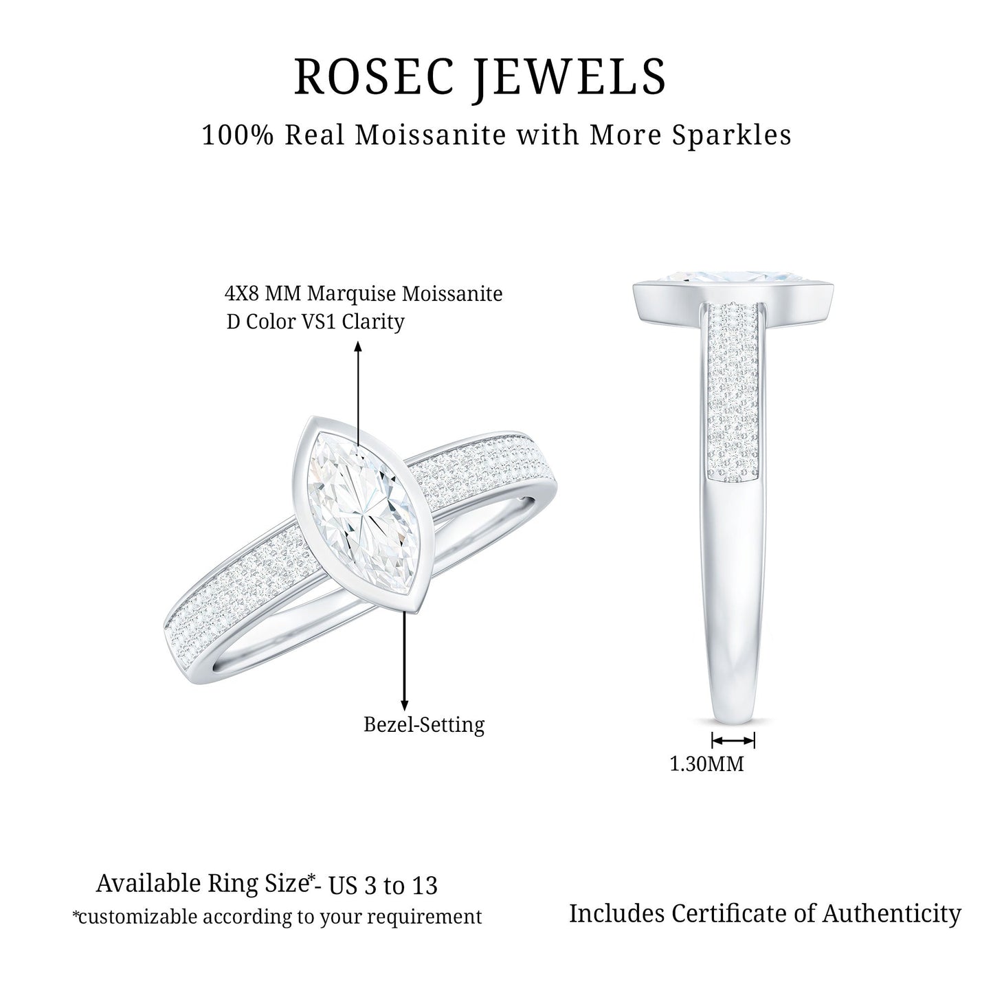 4x8mm Marquise Cut Moissanite Engagement Ring in Bezel Setting