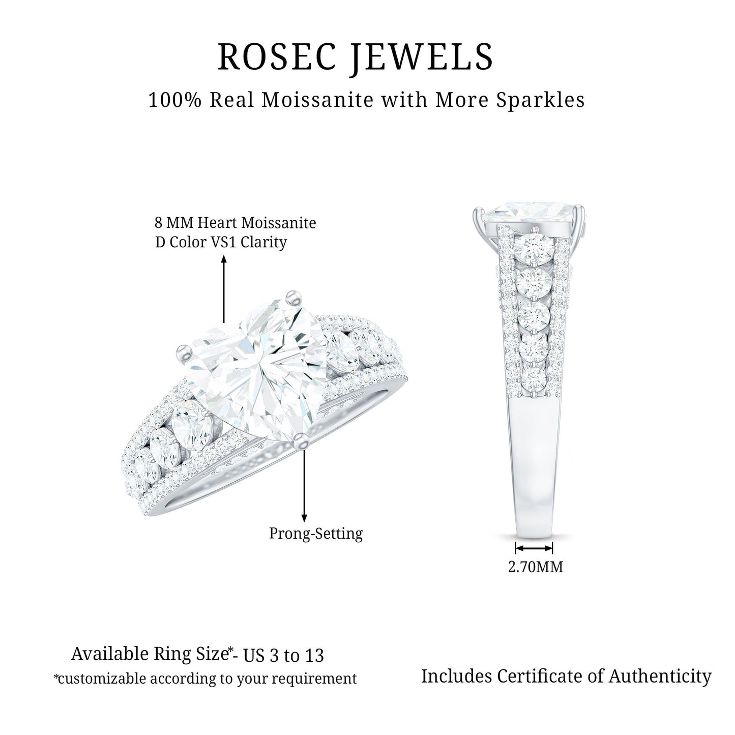 8 mm Heart Moissanite Solitaire Statement Ring With Side Stones