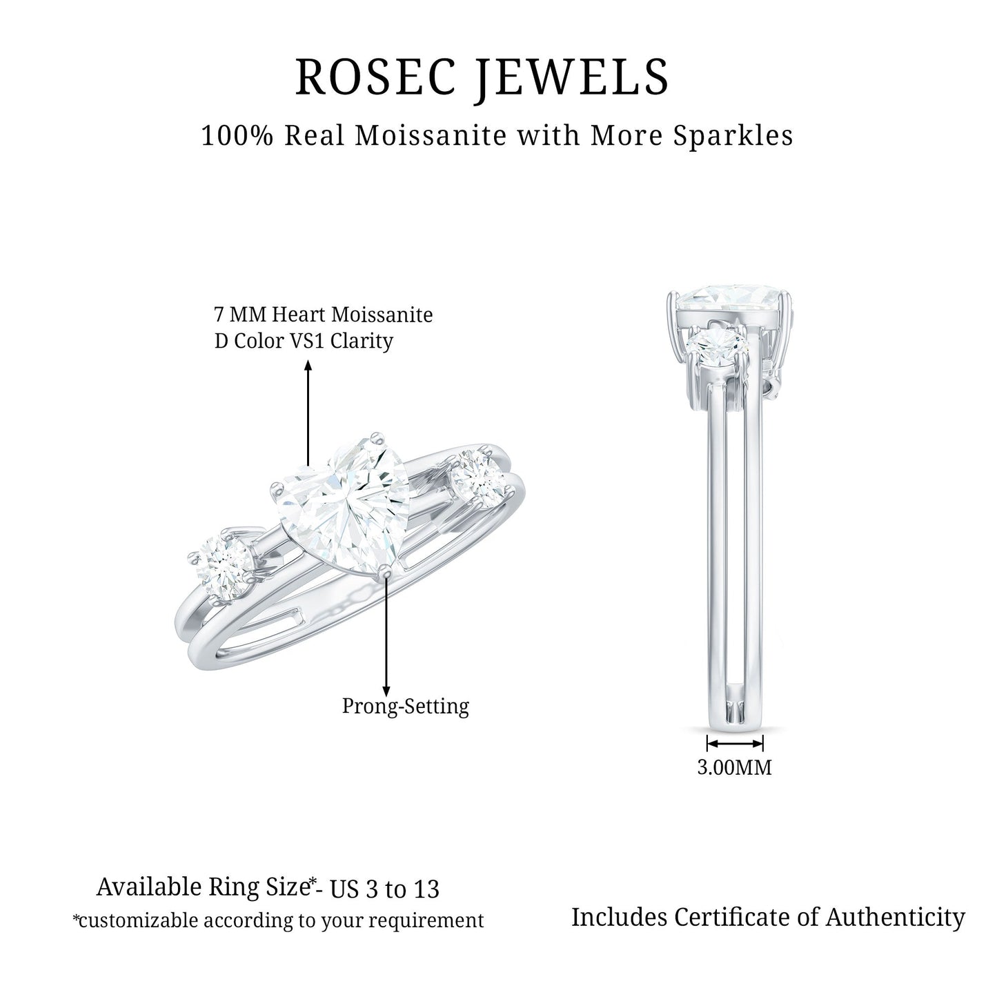 7mm Heart Shape Moissanite Solitaire Double Band Engagement Ring